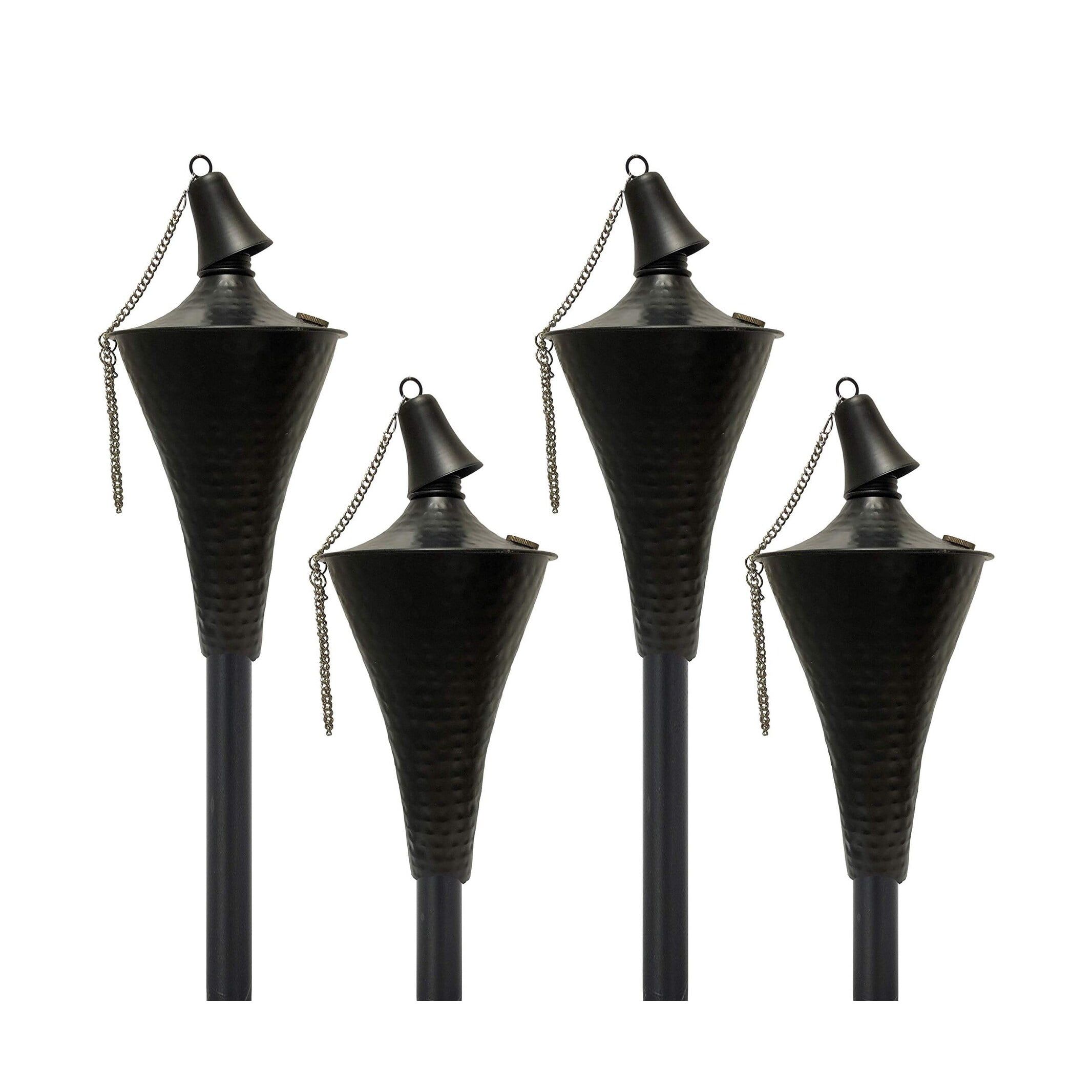 Hammered Black Steel Outdoor Tiki Torches with Snuffer, Set of 4