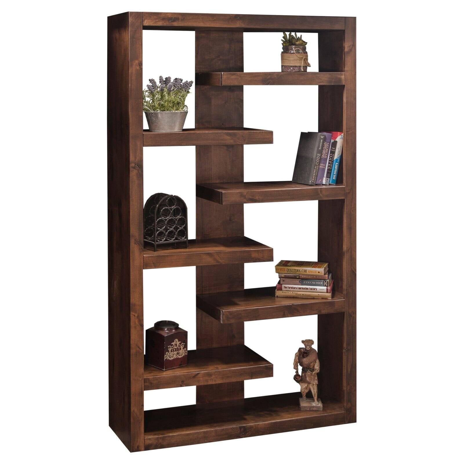 Sausalito 72 Inch Whiskey Finish Wood Bookcase with Off-Center Shelves