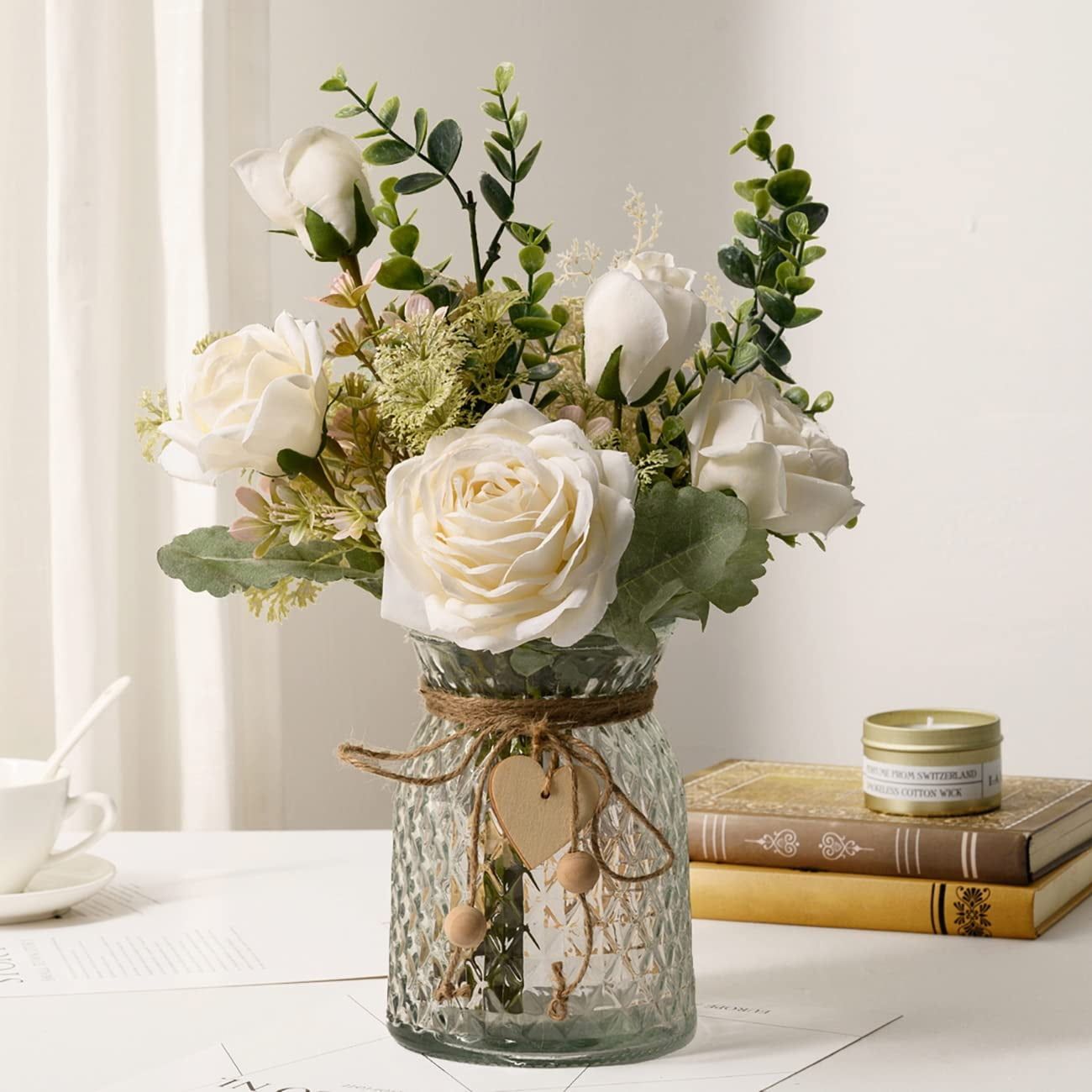 White Silk Roses and Eucalyptus in Glass Vase Centerpiece