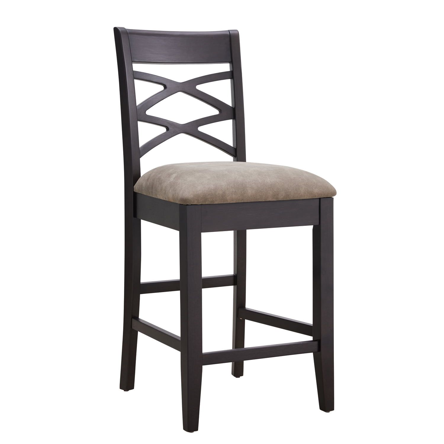 Black Wood Double Crossback Counter Height Stool with Gray Linen Seat