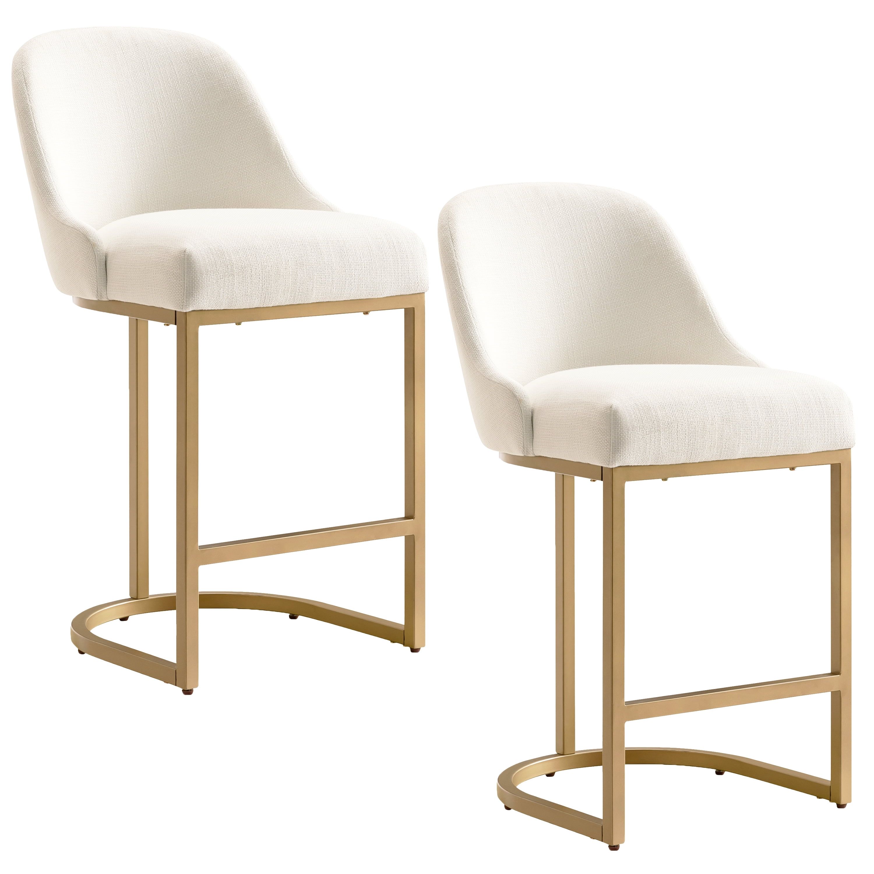 Elegant White Linen & Gold Metal Barrelback Counter Stool, Set of 2