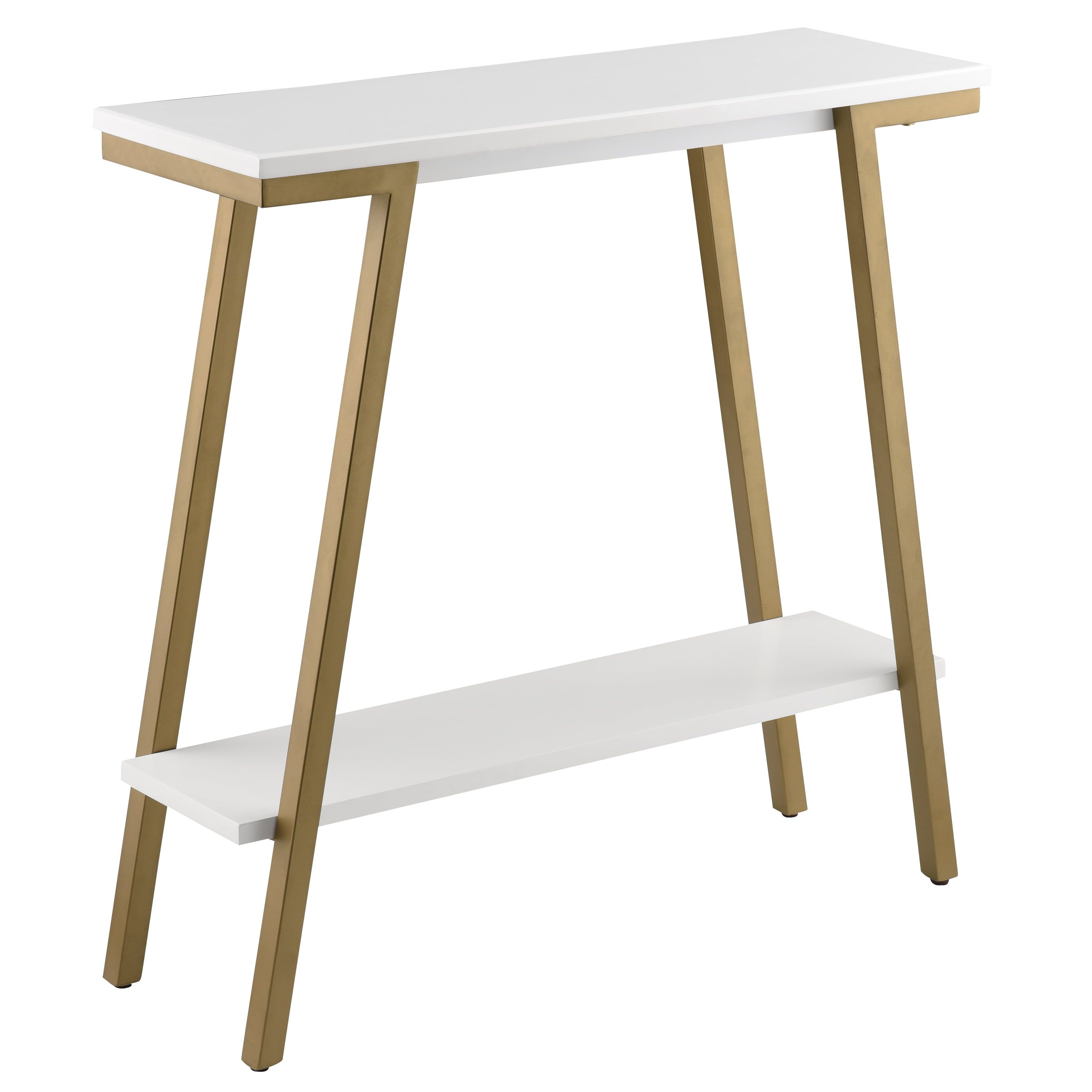 White Wood and Gold Metal Console Table with Storage