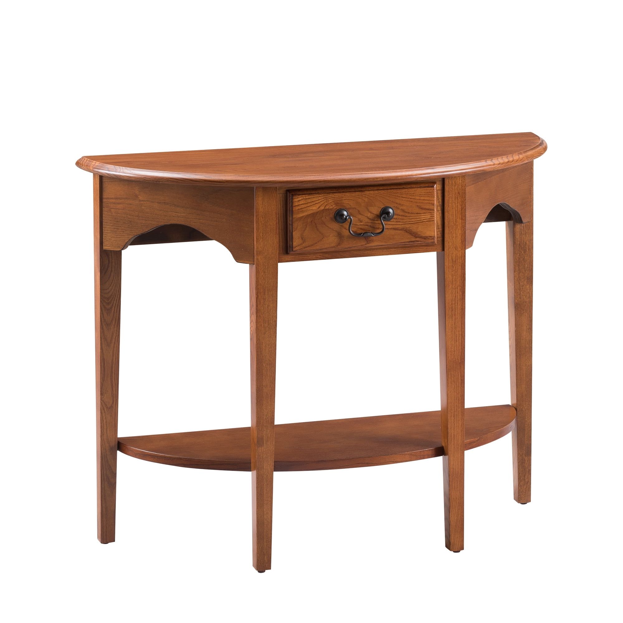 Medium Oak Demilune Console Table with Drawer and Shelf