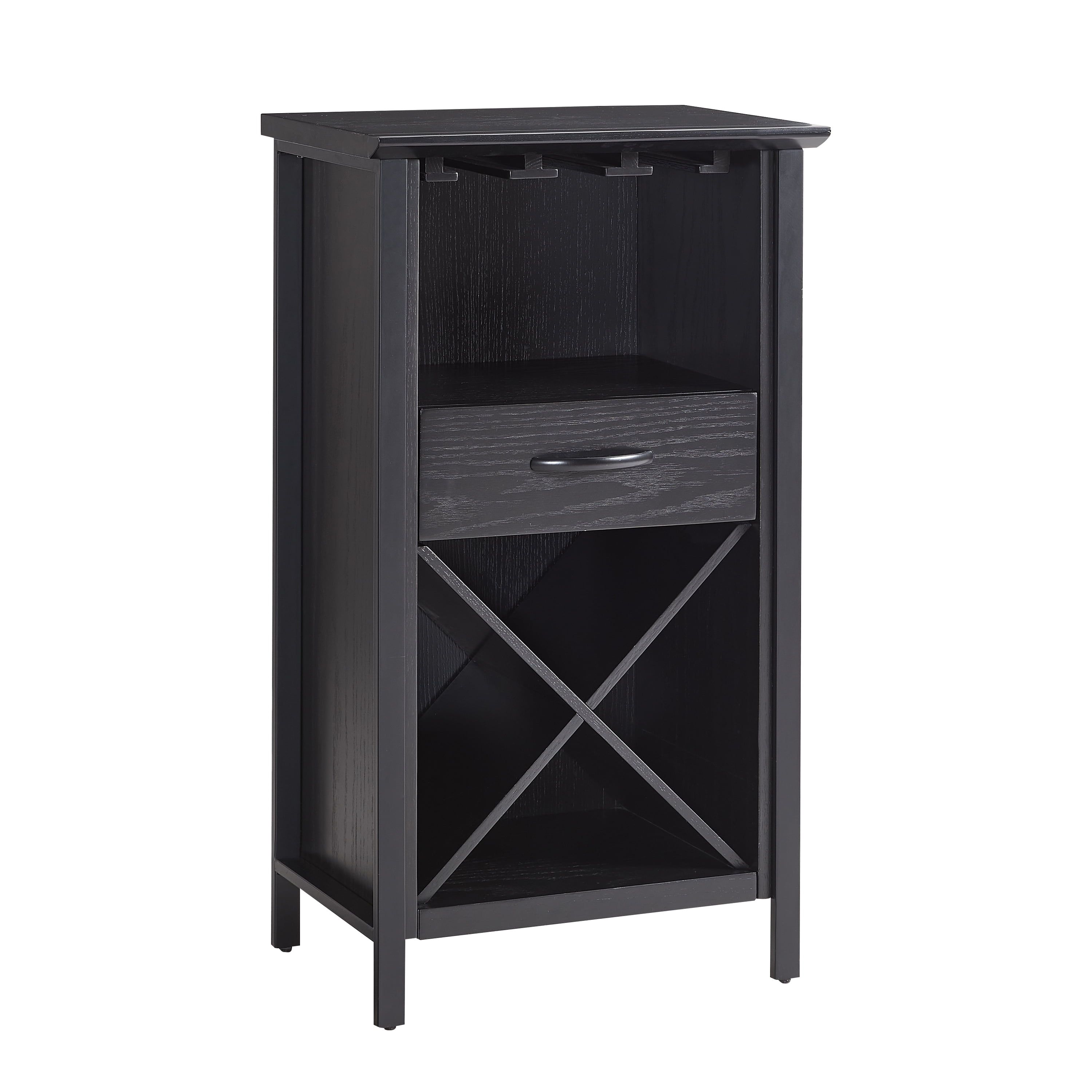 Compact Matte Black Ash Wood Mini Bar Cabinet with Stemware Storage