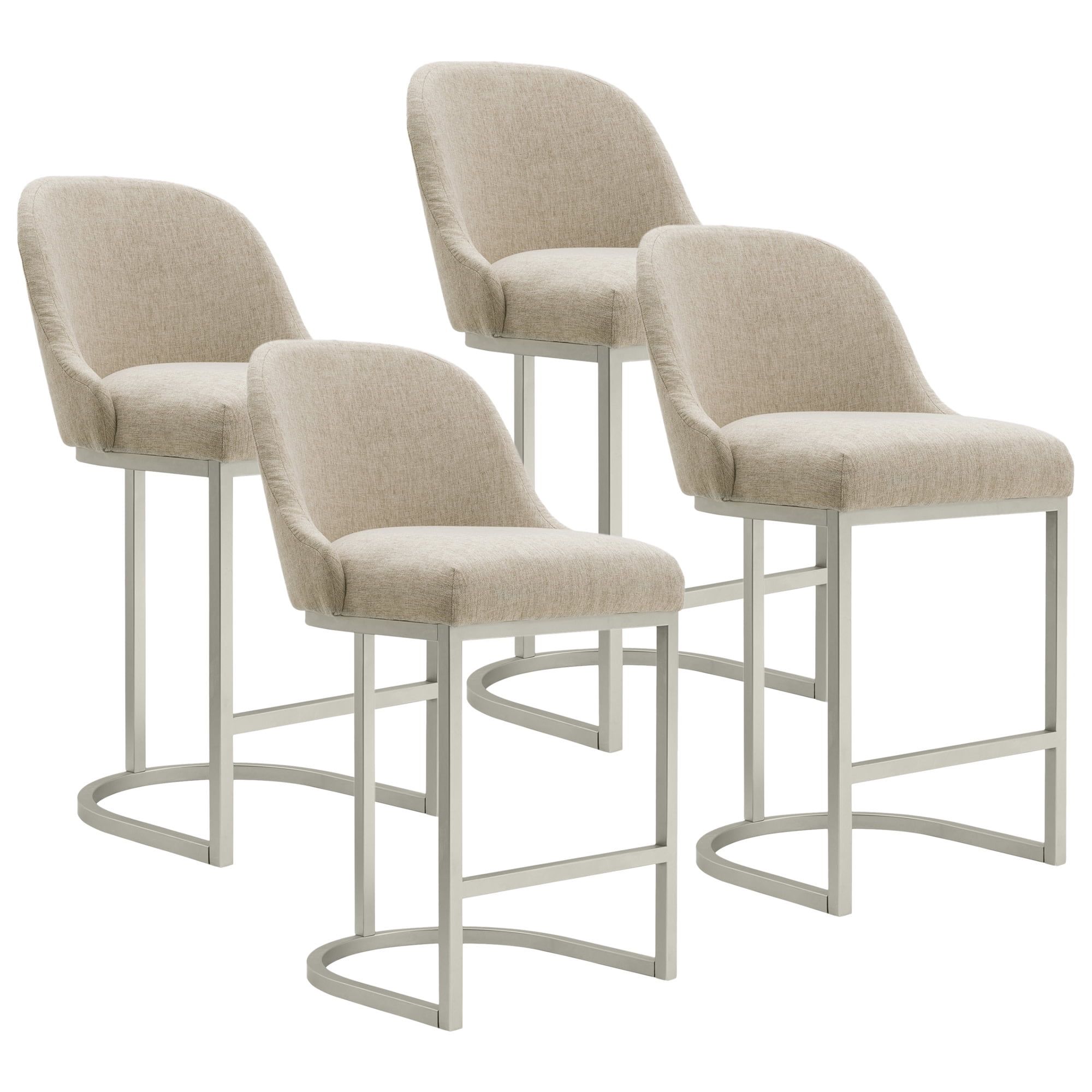 Set of 4 Oatmeal Linen and Pewter Metal Barrelback Counter Stools