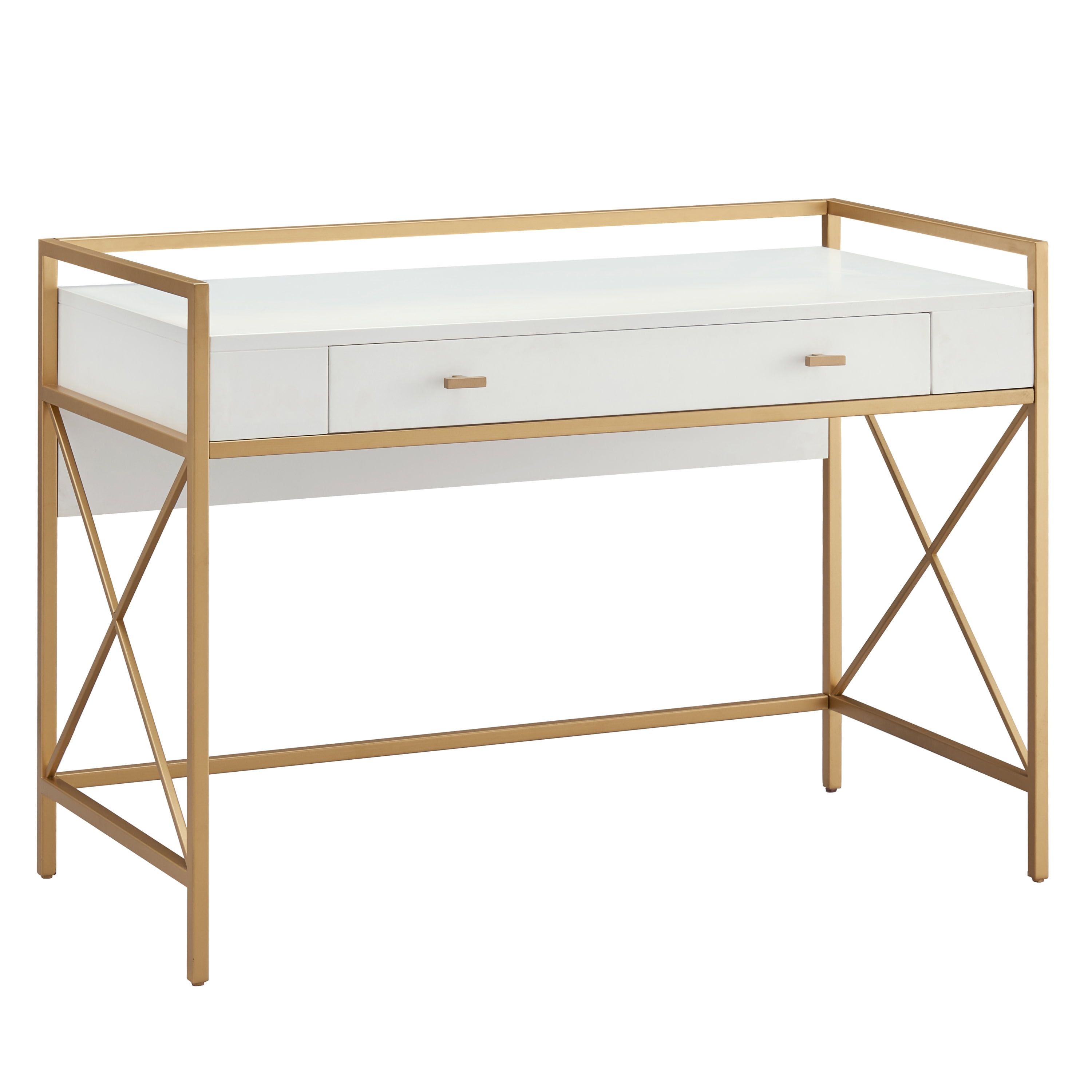 White and Gold Wood Desk with Drawer