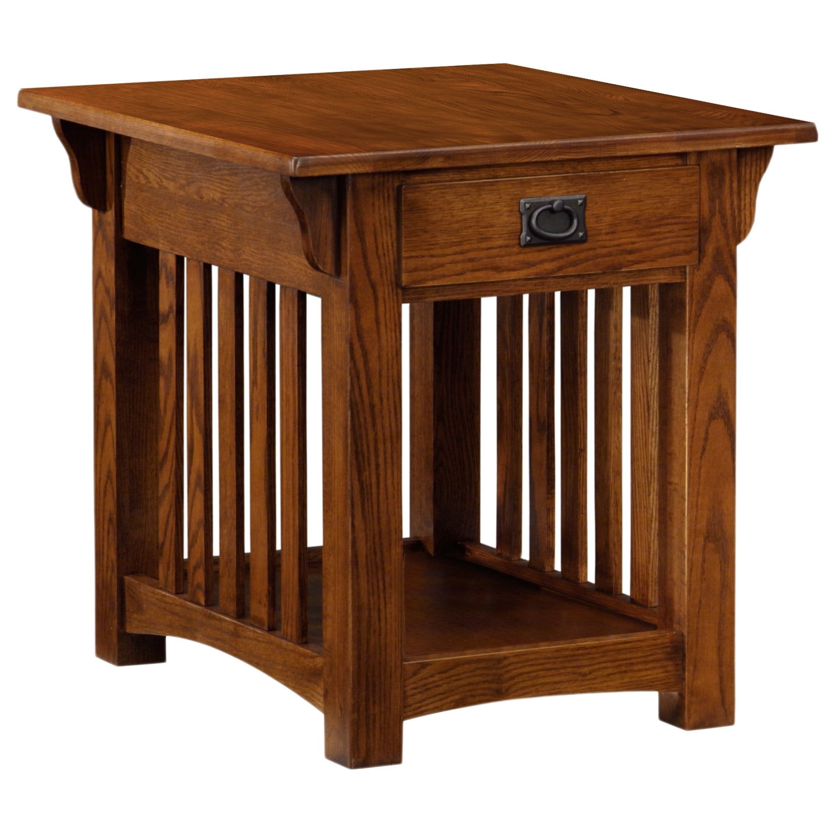 Medium Oak Mission Style End Table with Drawer and Shelf