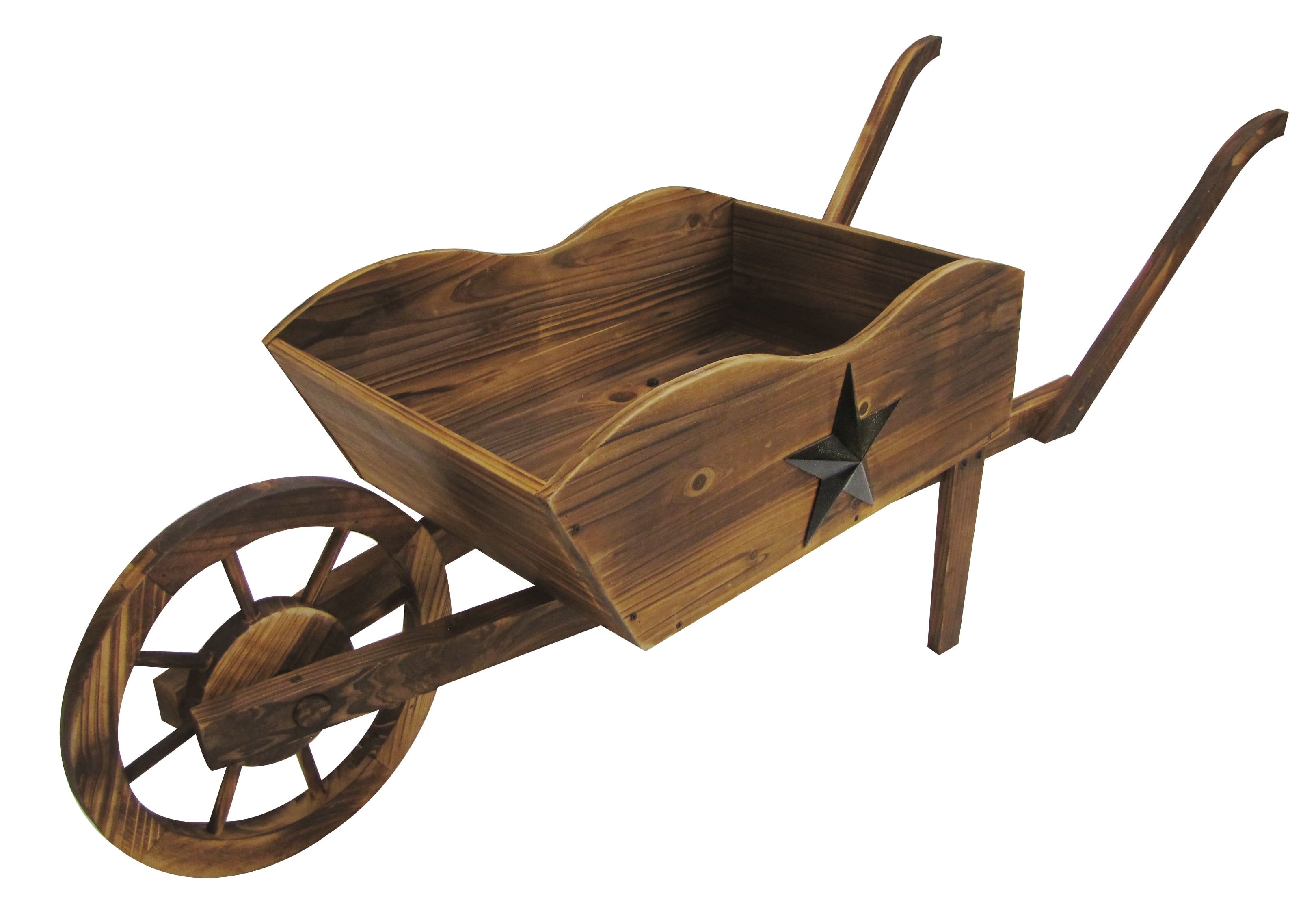 Rustic Brown Pine Wood Wheelbarrow Planter with Star Accent