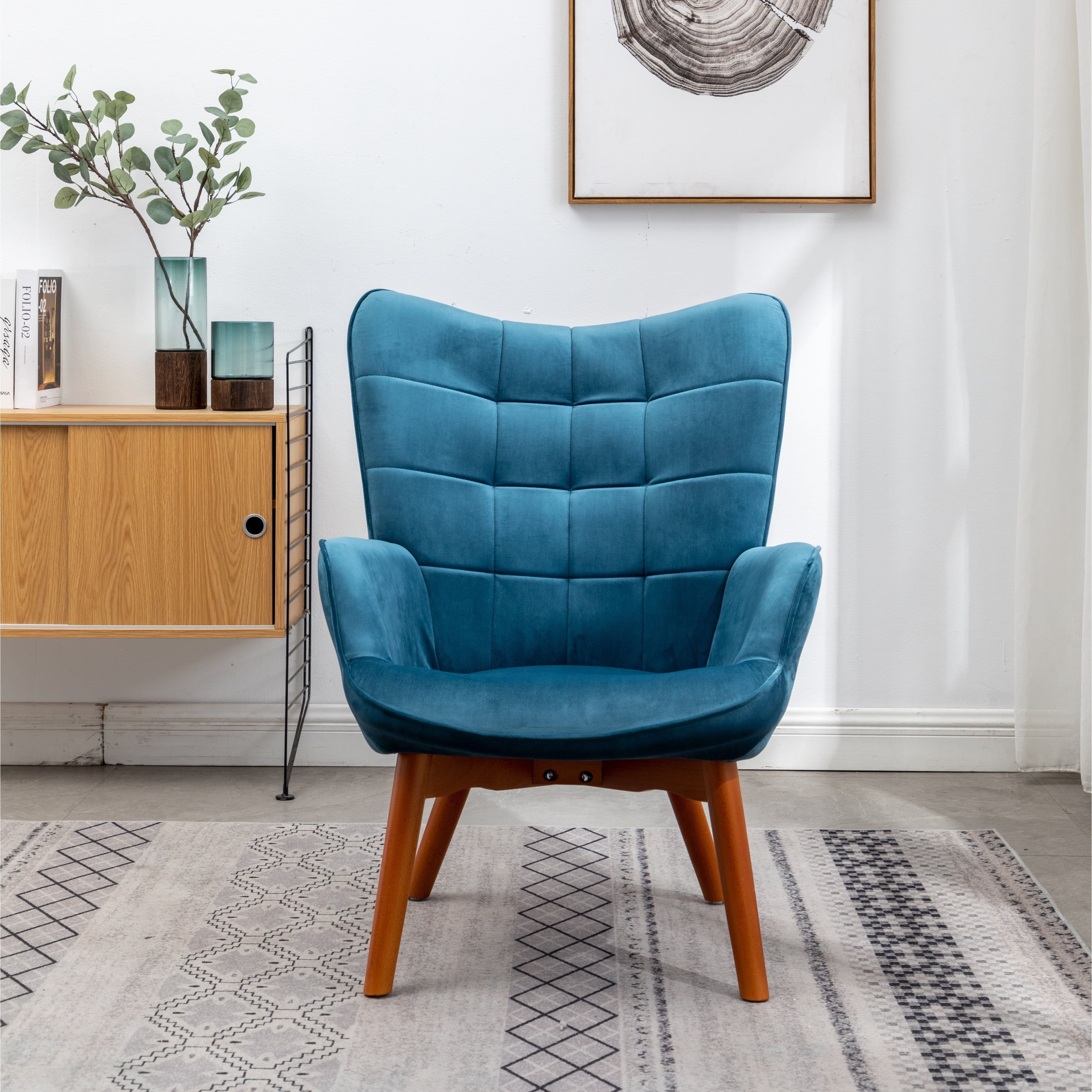 Mid-Century Silky Blue Velvet Accent Chair and Ottoman Set