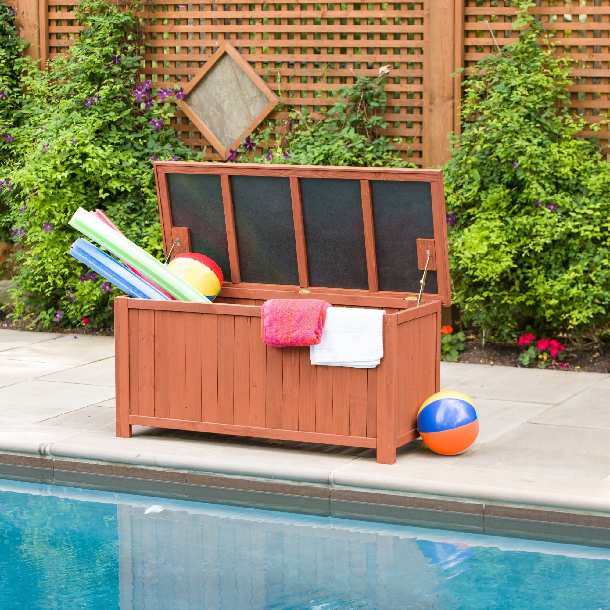 Medium Brown Cypress Wood Deck Storage Box with Ventilated Panels