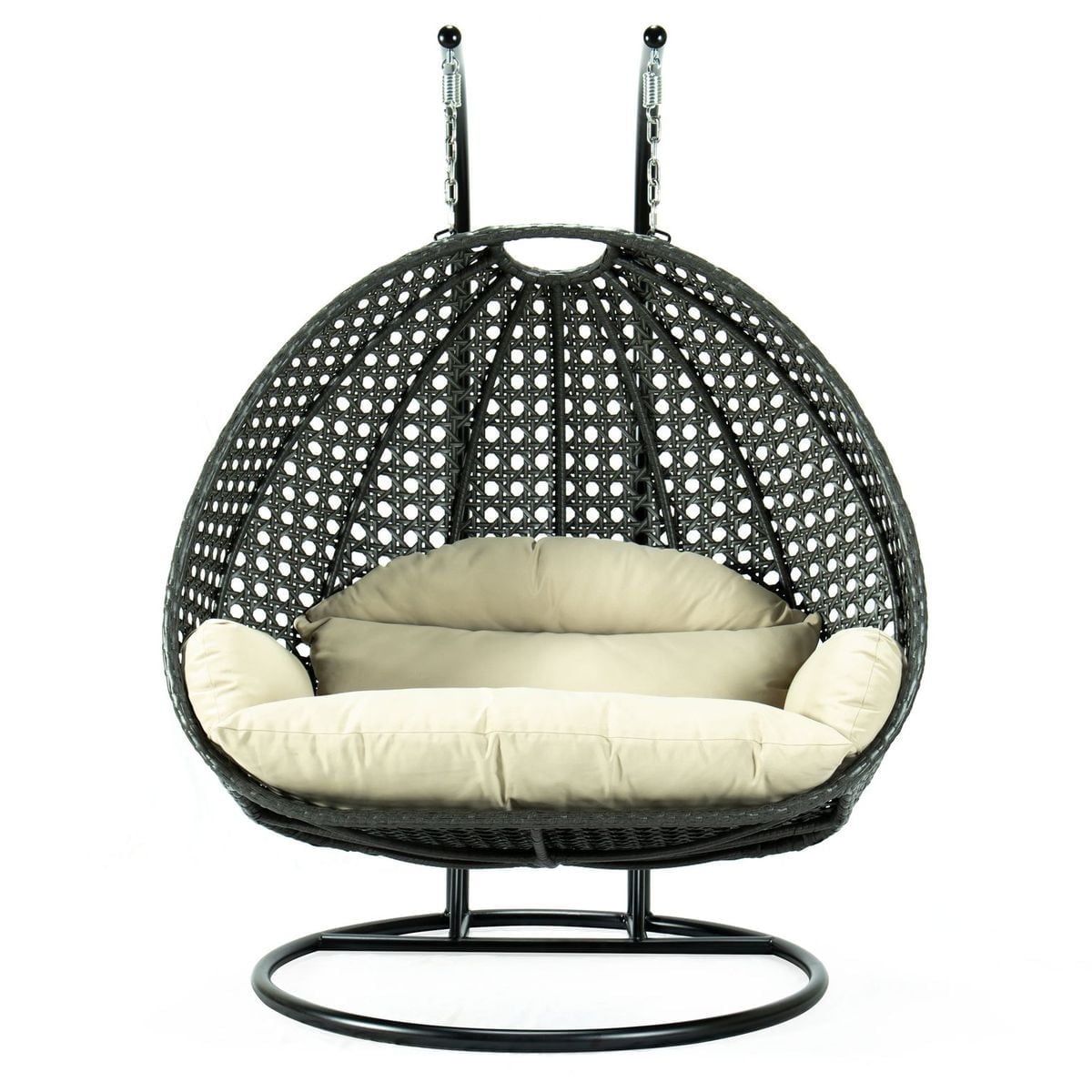 Charcoal Wicker Double Egg Hanging Chair with Taupe Cushions