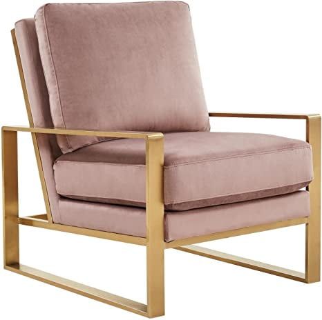 Pink Velvet and Wood Modern Accent Chair