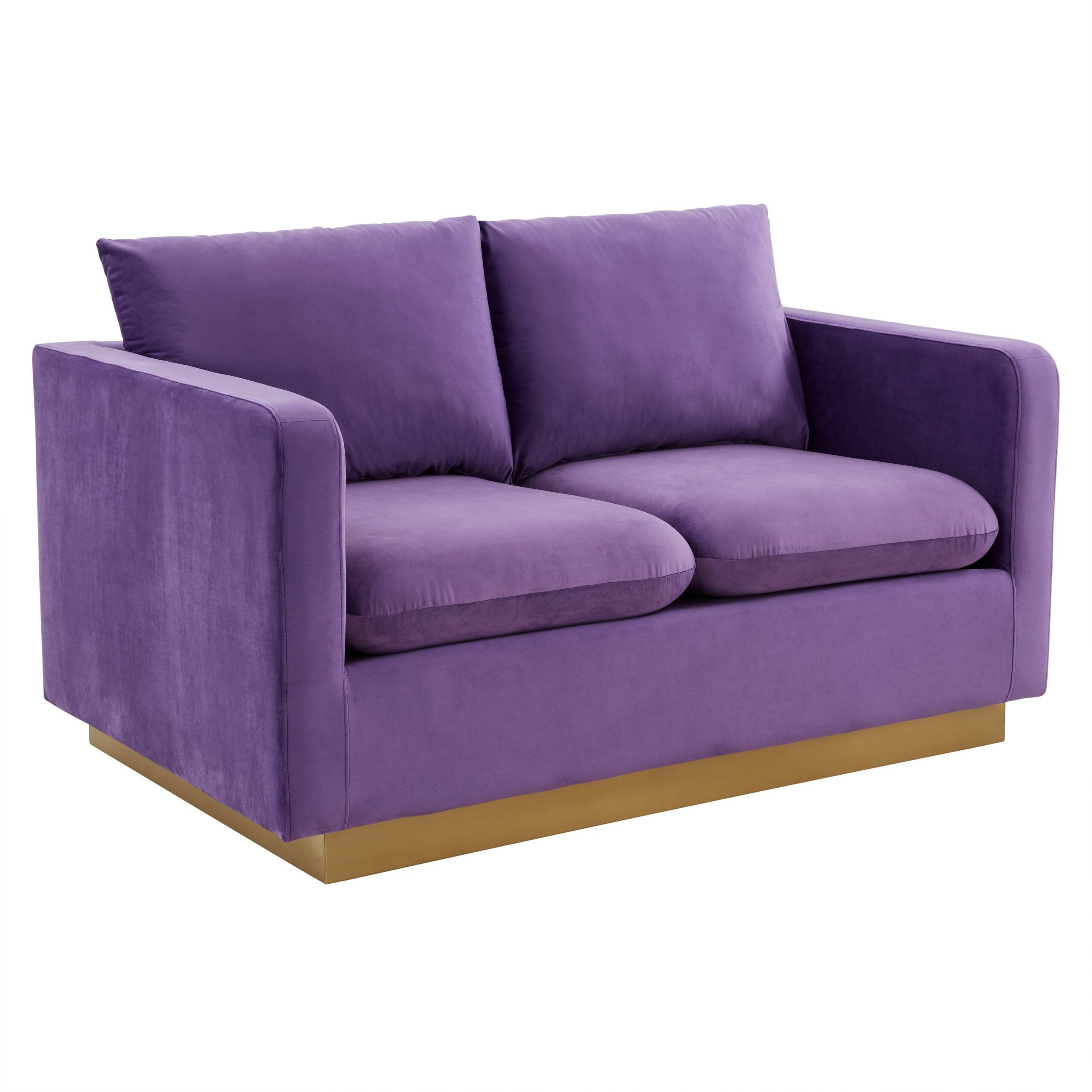 Purple Velvet Loveseat with Gold Base and Removable Cushions