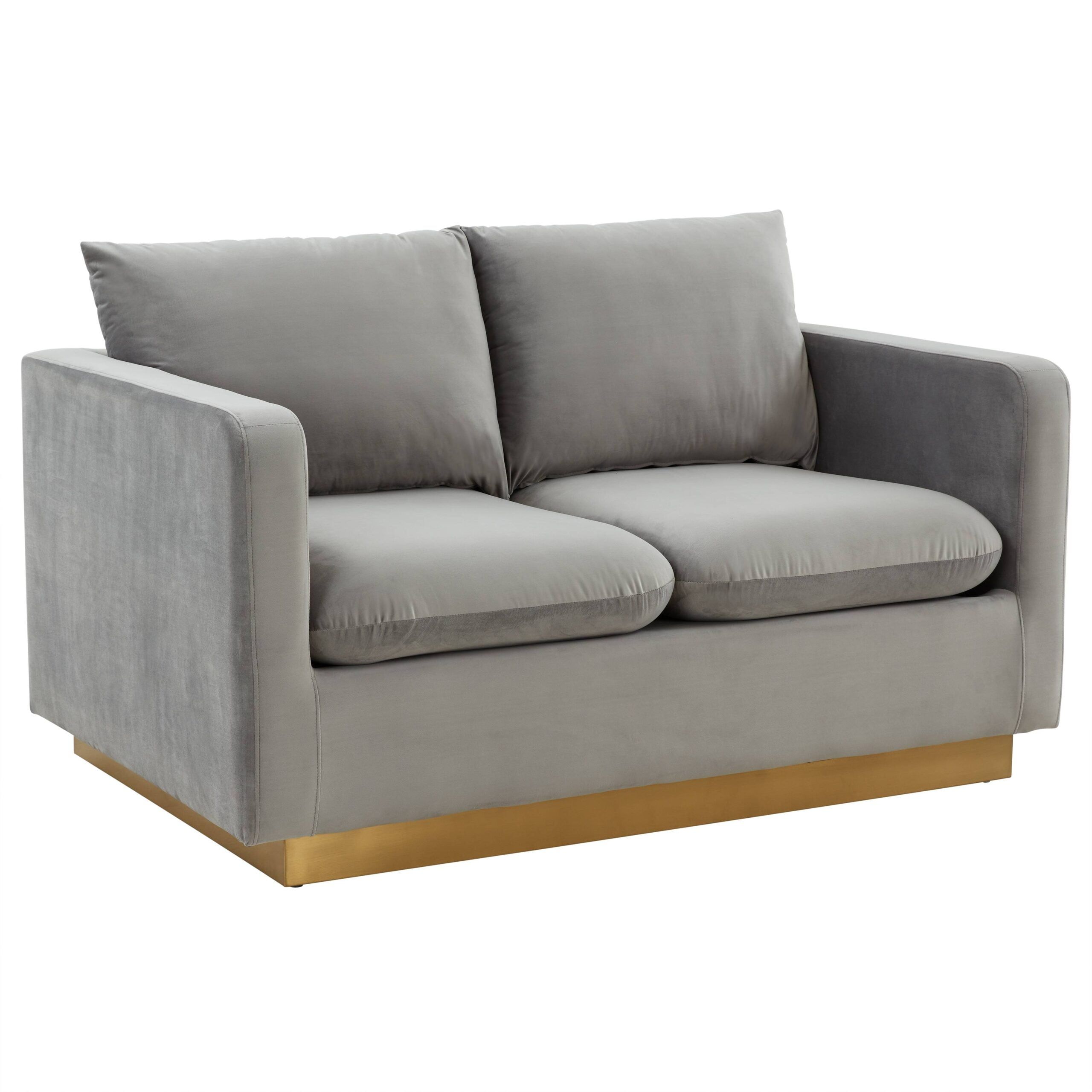 Modern Gray Velvet Loveseat with Gold Frame and Wood Accents