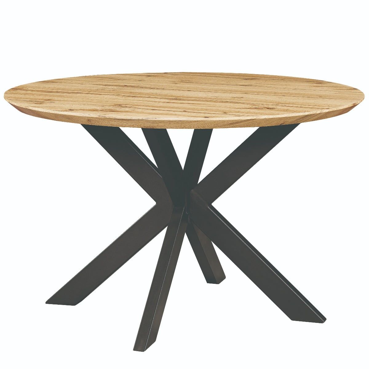 Reclaimed Wood Round Dining Table with Geometric Metal Base