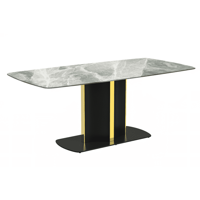 Sylva Light Grey Glass Top Dining Table with Gold Steel Pedestal Base