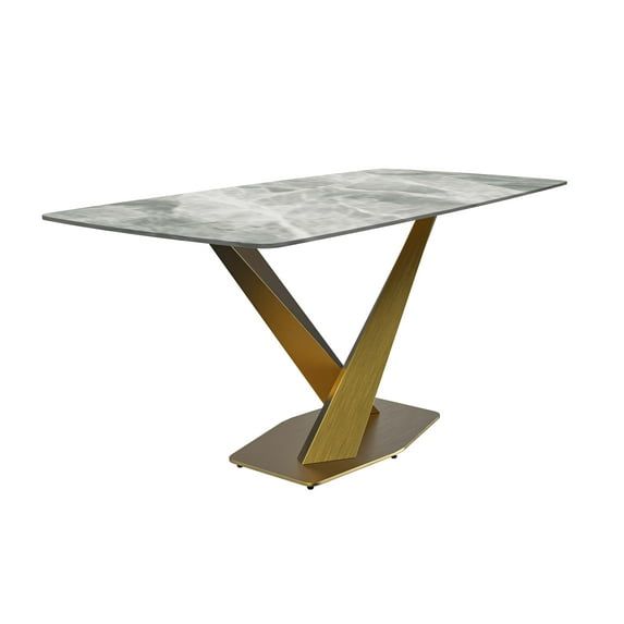 Light Grey Sintered Stone Dining Table with Gold Stainless Steel Base