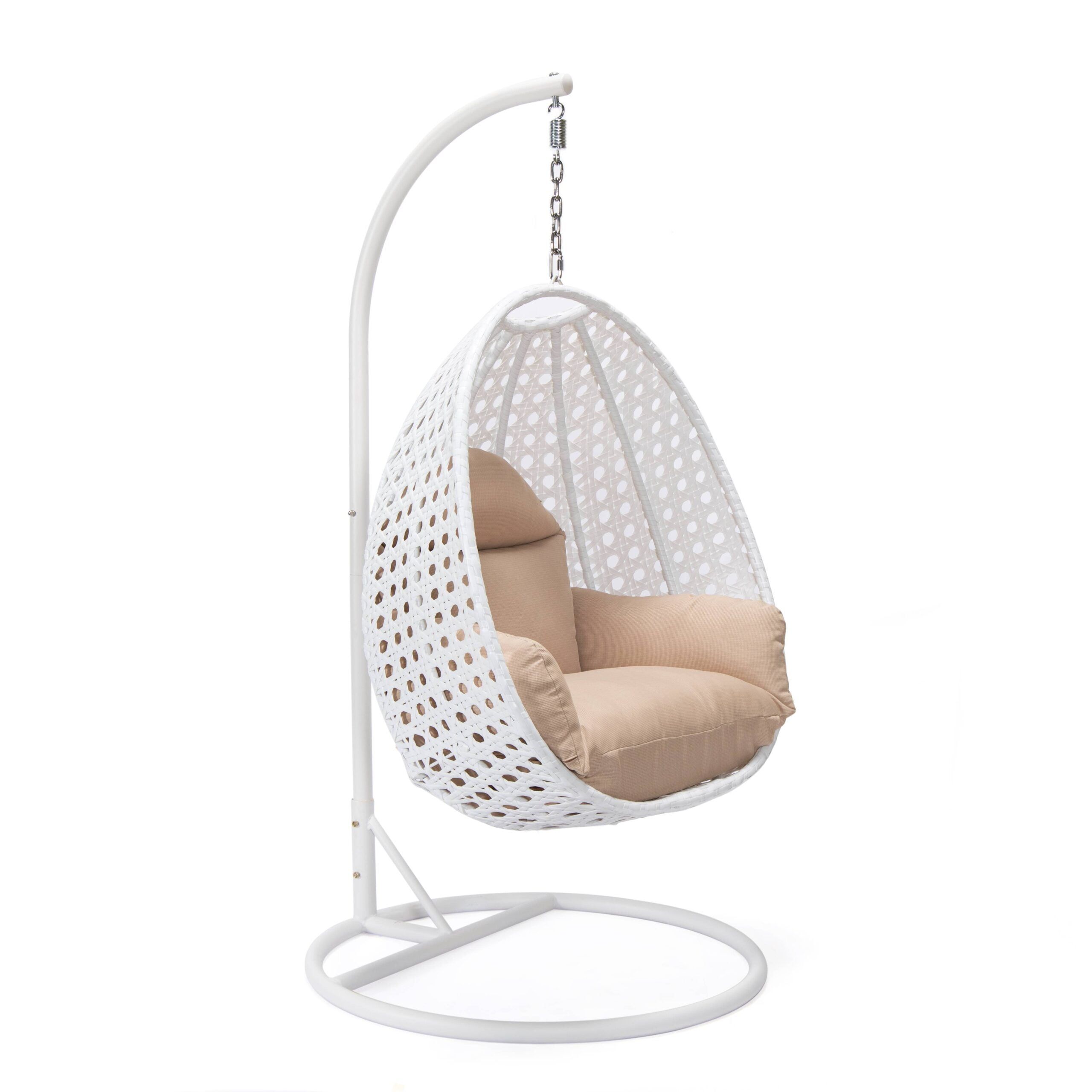 LeisureMod Wicker Hanging Egg Swing Chair with Soft Beige Cushions