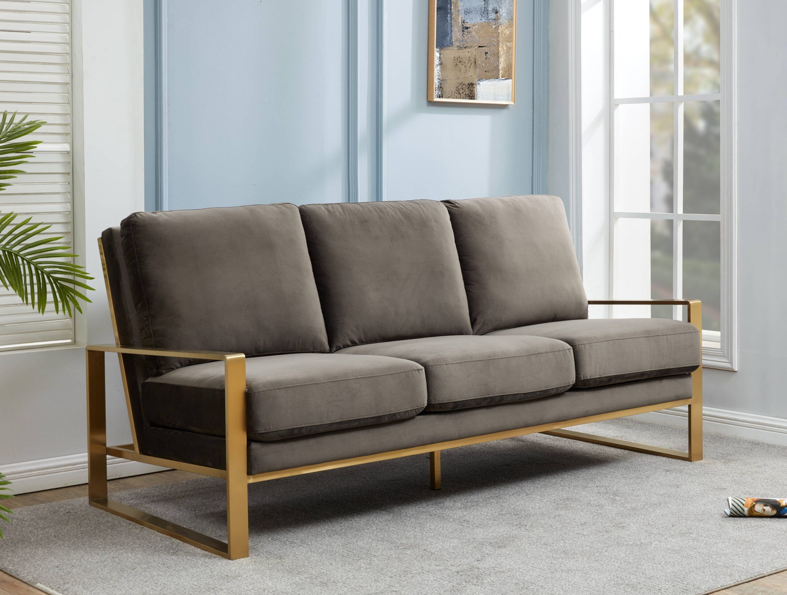 Jefferson Dark Grey Velvet 3-Seater Sofa with Gold Frame