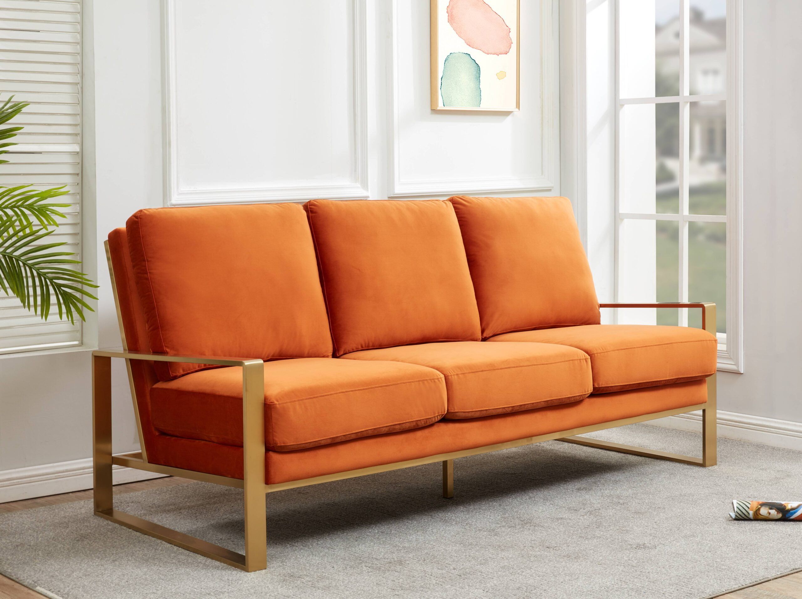 Orange Faux Leather Sofa with Gold Metal Frame and Removable Cushions