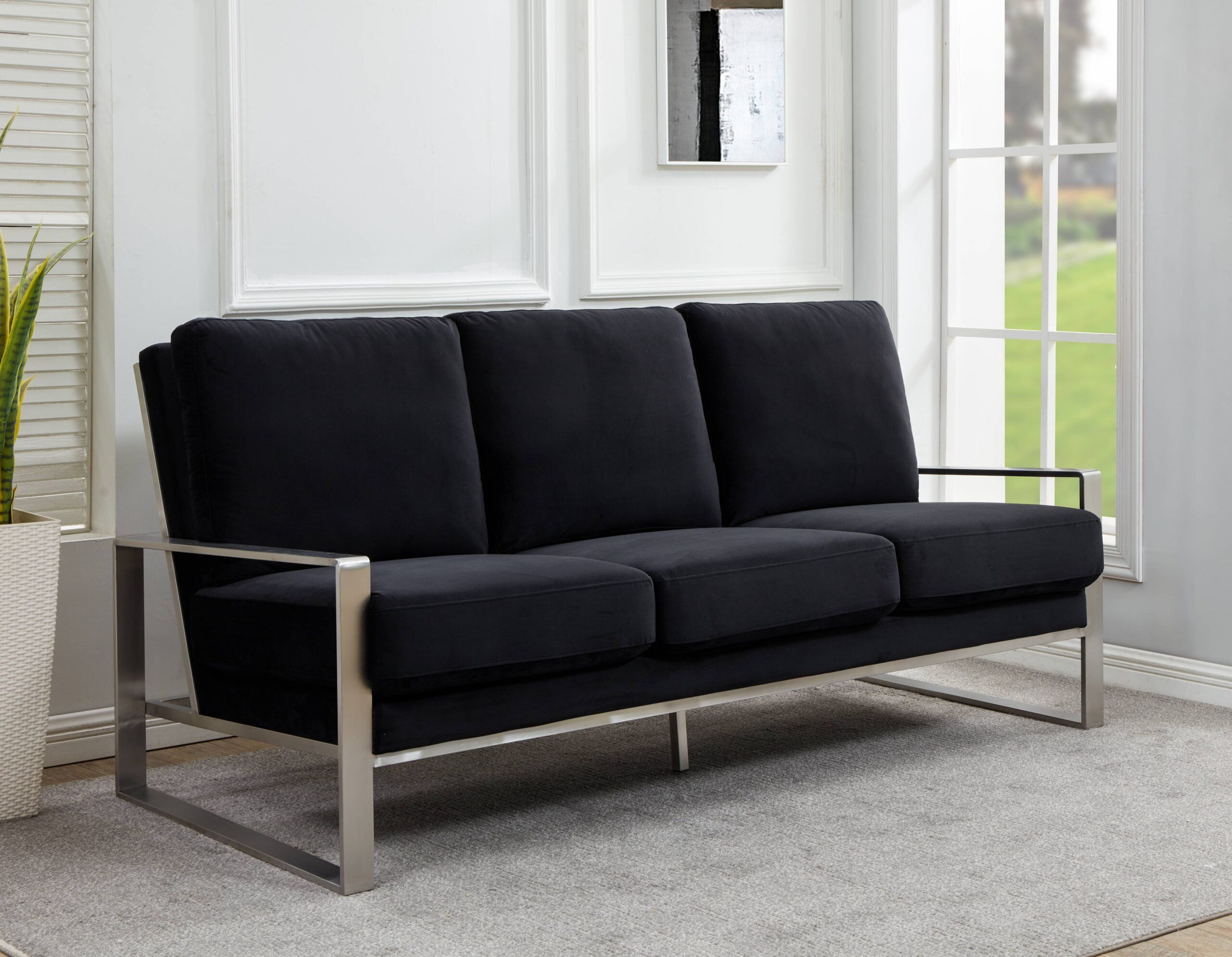 Jefferson Black Velvet 3-Seater Sofa with Silver Metal Frame