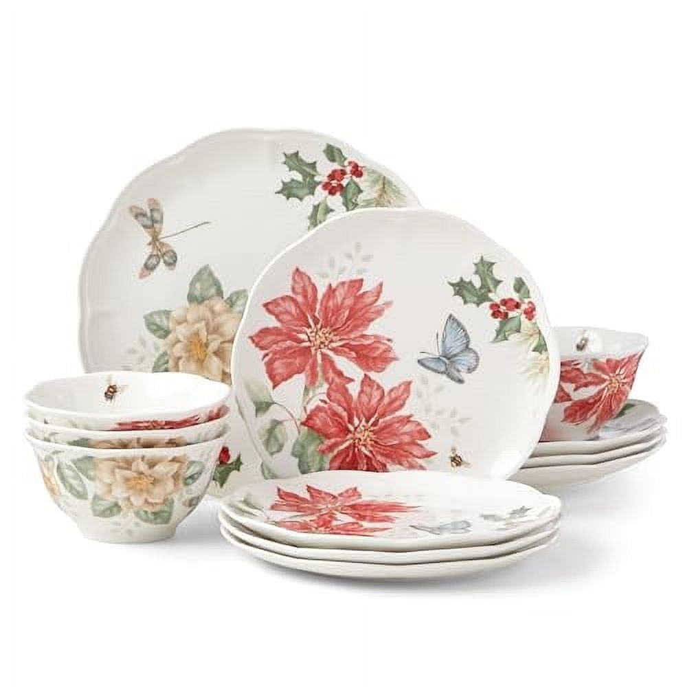 Butterfly Meadow Holiday 12-Piece Porcelain Dinnerware Set for 4