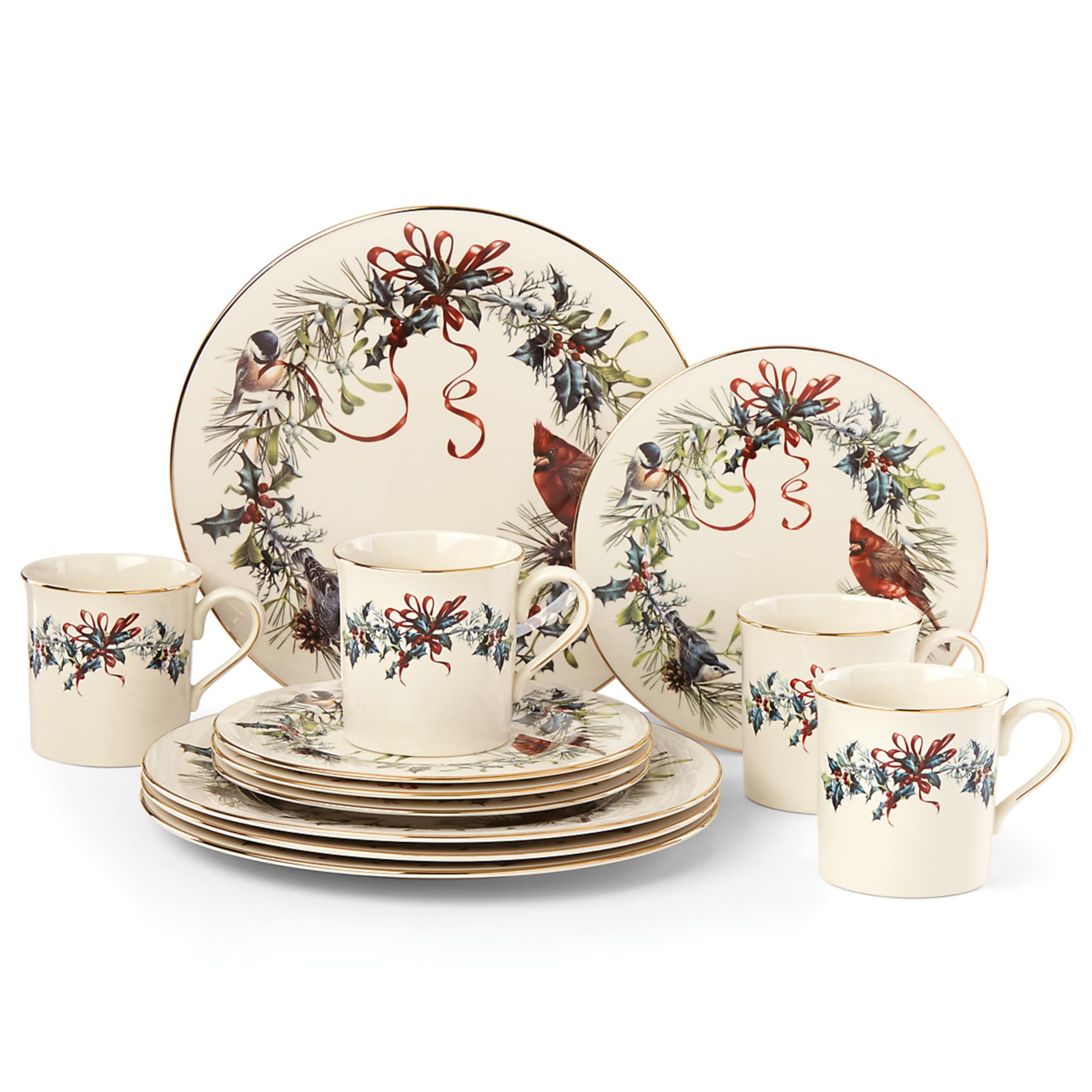 Winter Greetings Ivory Porcelain 12-Piece Dinnerware Set with Gold Trim