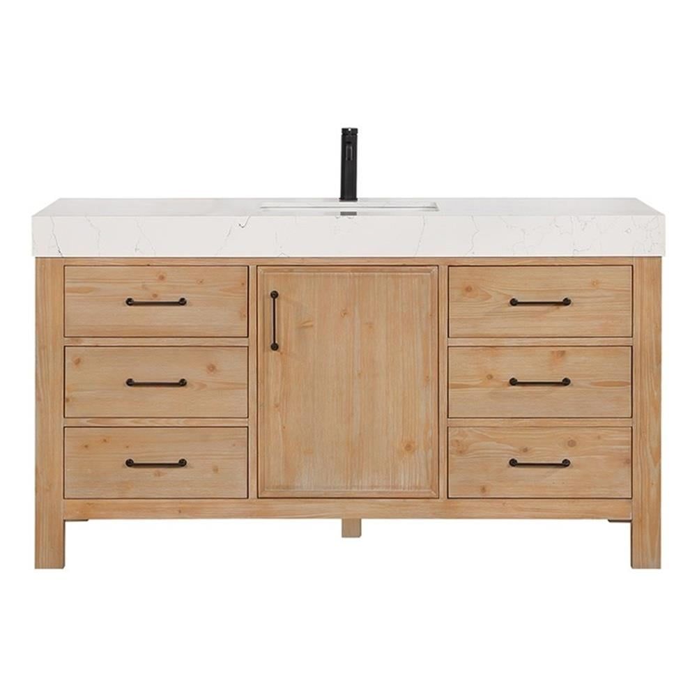 Leon 60" Fir Wood Brown Bathroom Vanity with White Composite Top