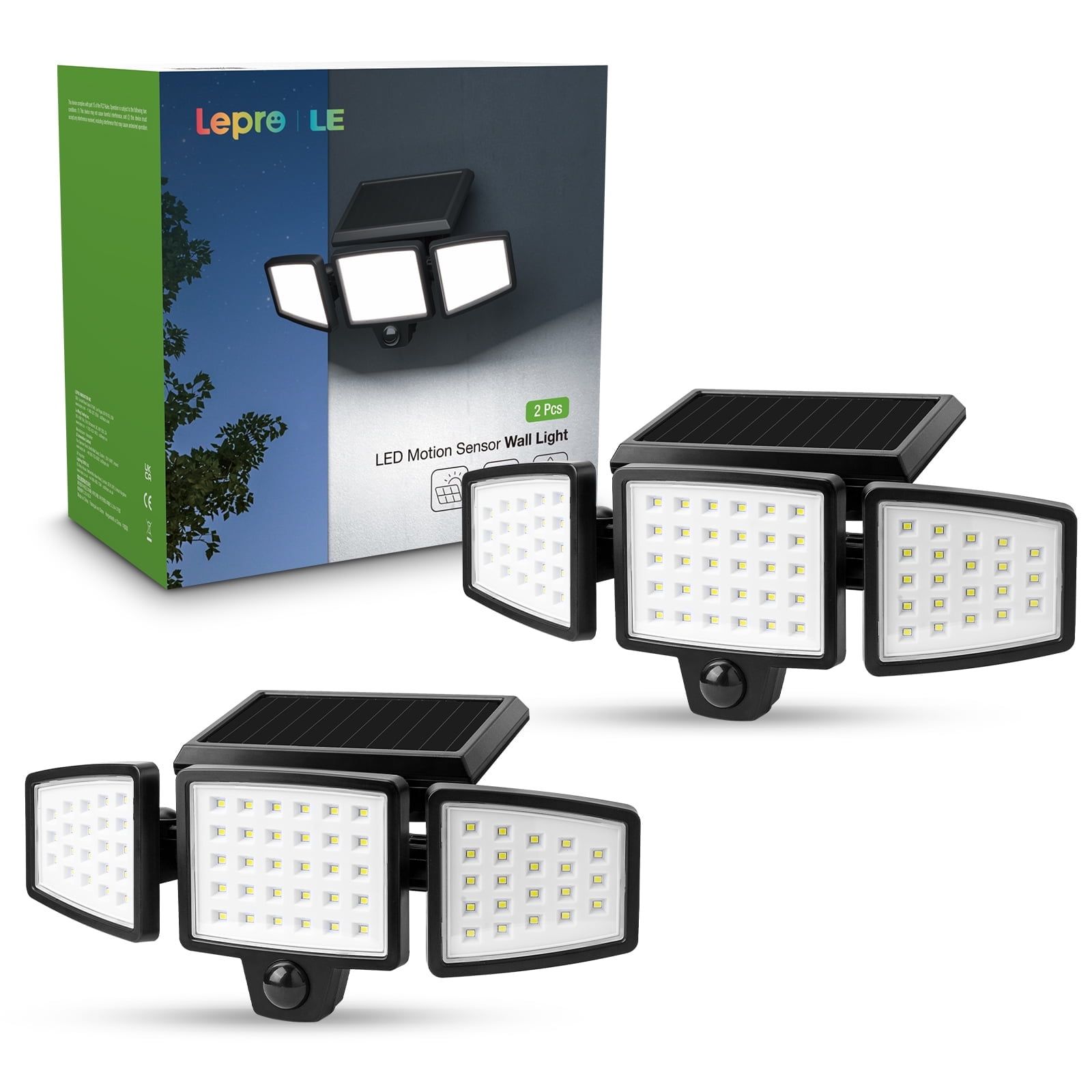 Lepro 2-Pack Black Solar LED Security Flood Lights with Adjustable Heads