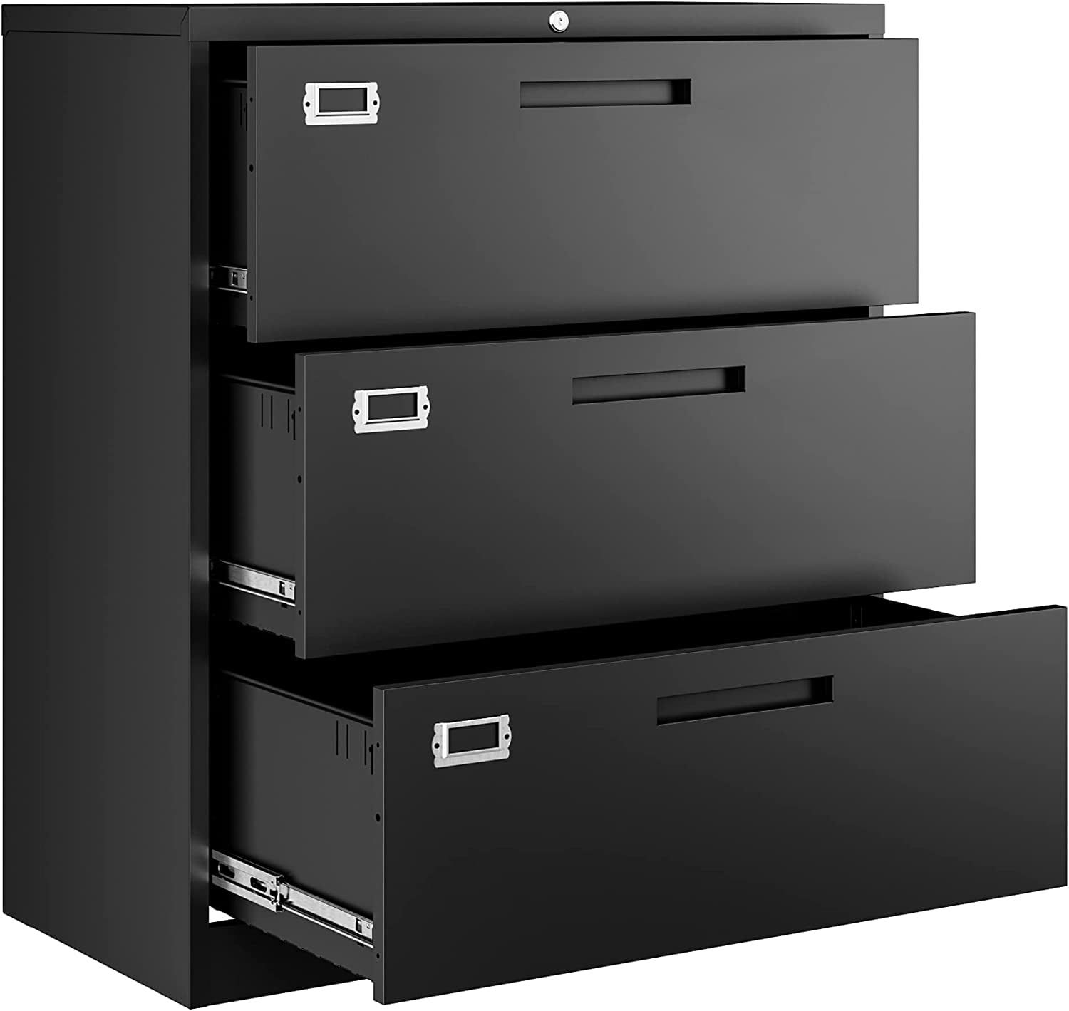 Black Steel 3-Drawer Lockable Lateral File Cabinet