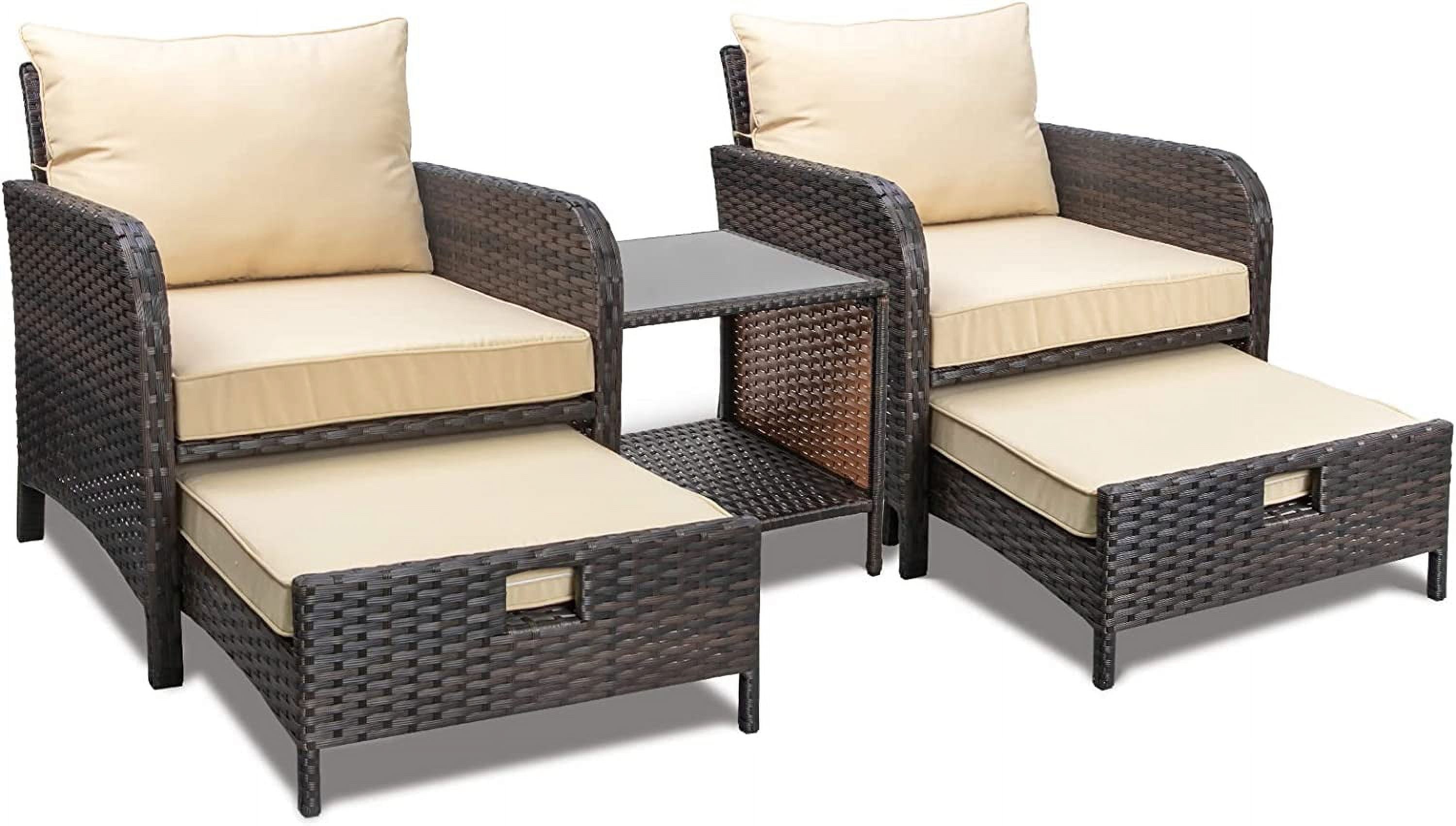 4-Person Khaki Wicker Rattan Patio Conversation Set with Cushions and Glass Table