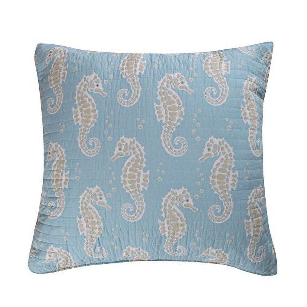 Coastal Seahorse Cotton Euro Sham Set, Aqua Blue and Tan