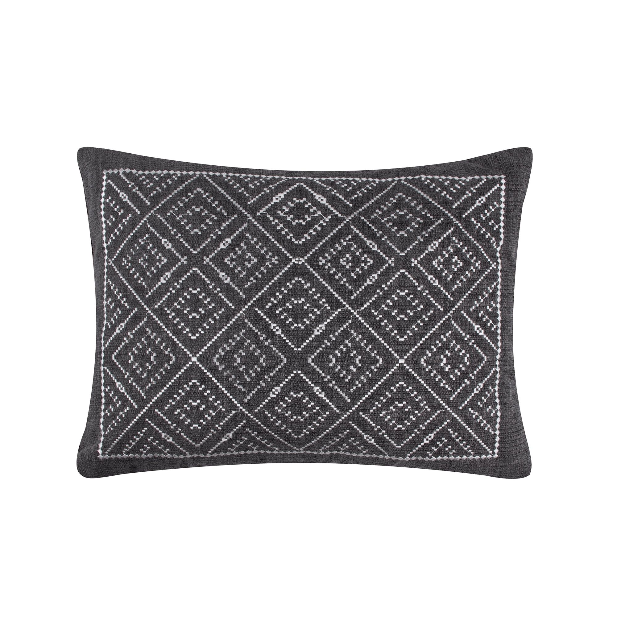 Grey and Cream Geometric Embroidered Rectangular Pillow 14x18