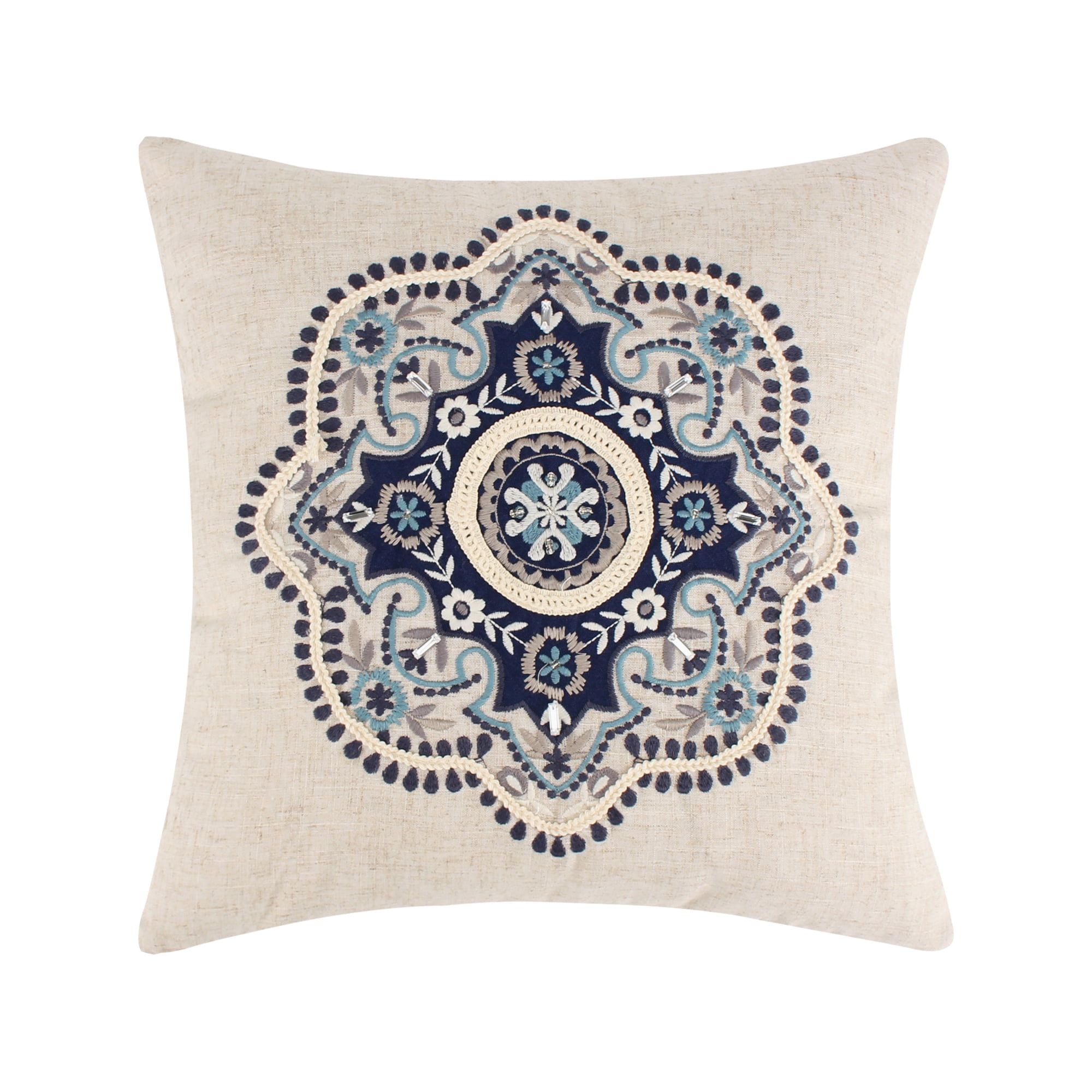 18x18 Blue and Cream Embroidered Medallion Pillow