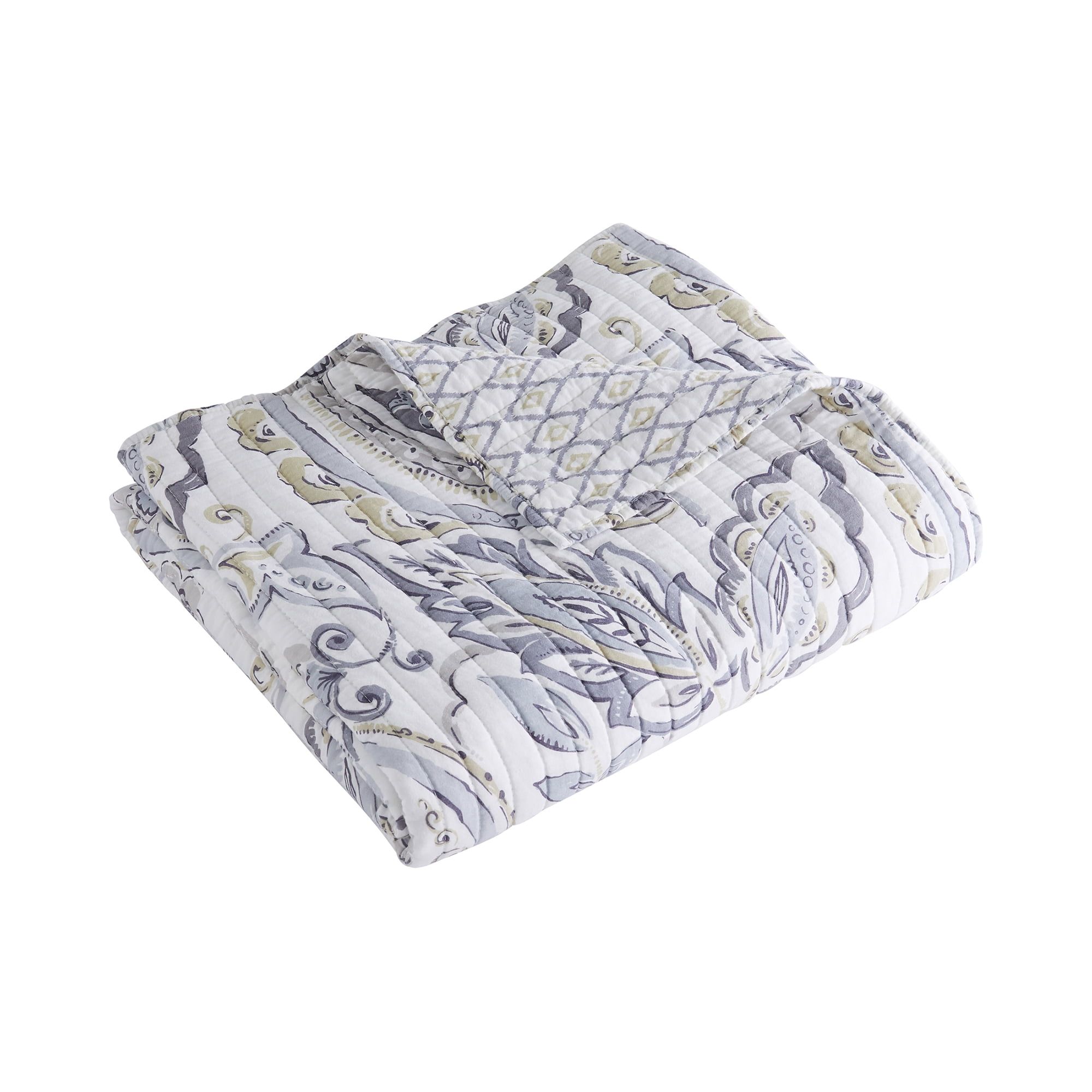 Tamsin Grey Reversible Cotton Quilted Throw with Paisley Design