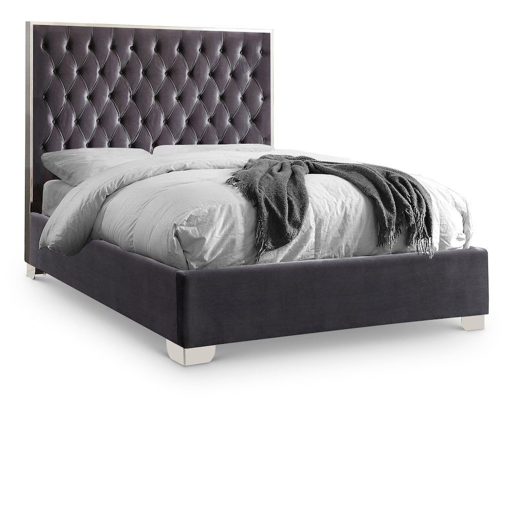 Lexi Queen Gray Velvet Upholstered Bed with Chrome Legs