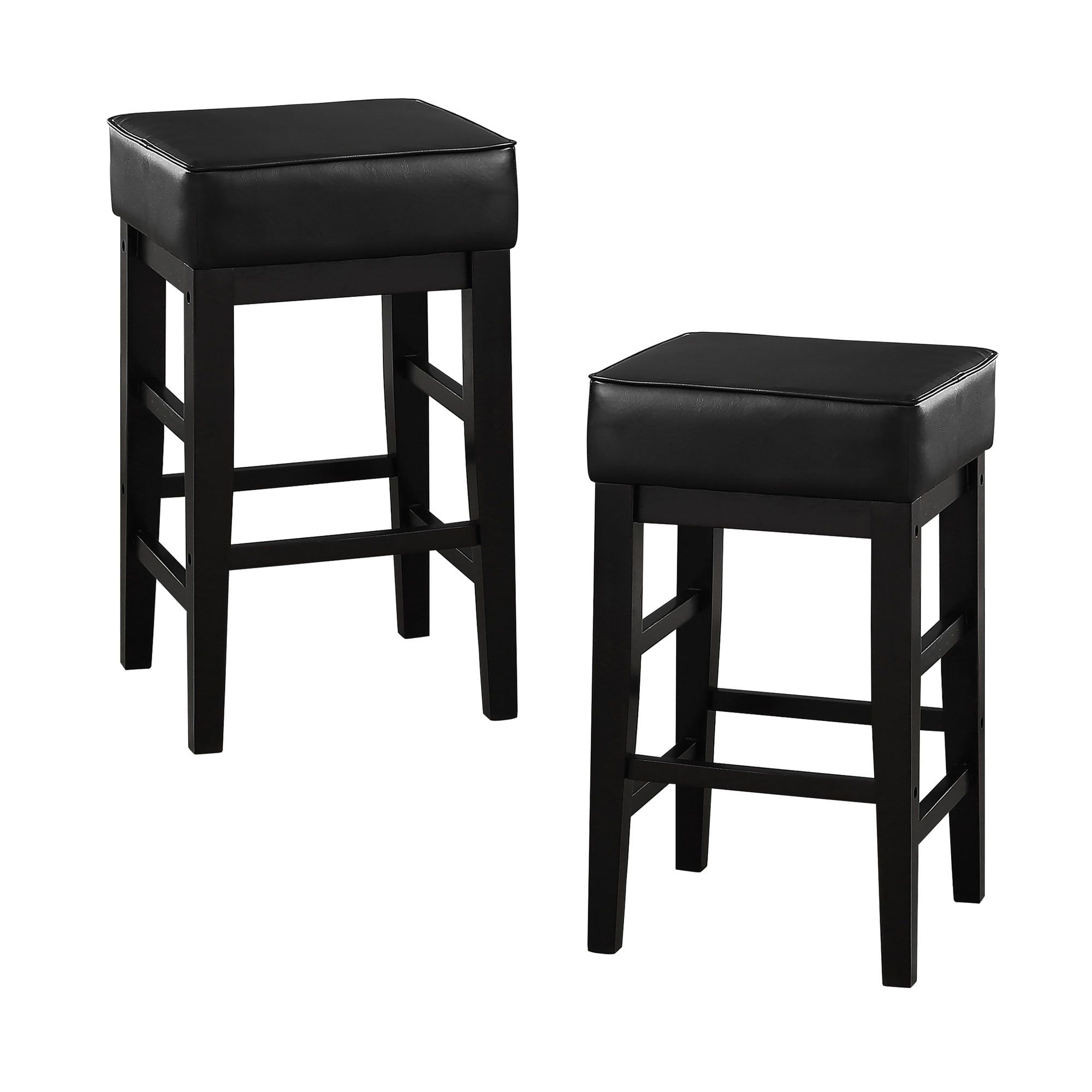 Black Faux Leather and Wood Backless Counter Stools, 26 Inch