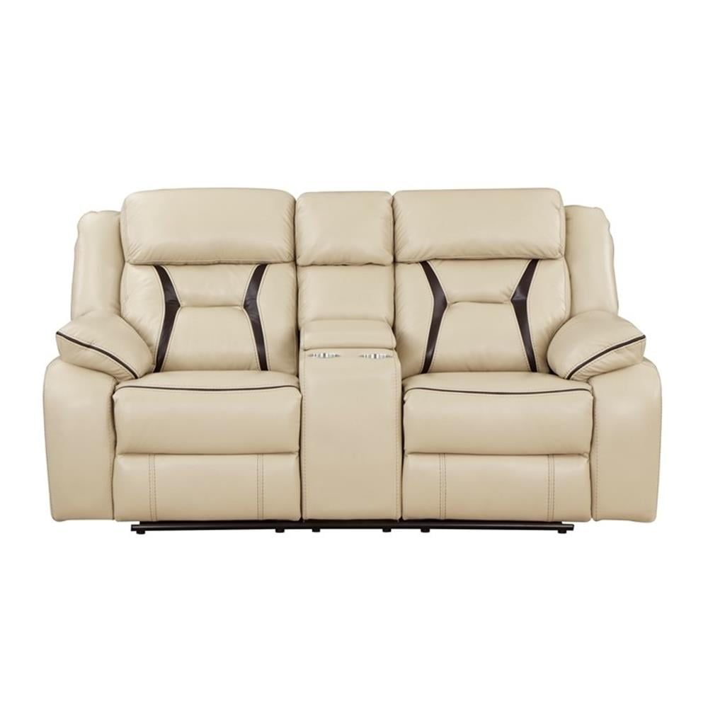 Beige Faux Leather Reclining Loveseat with Cup Holder