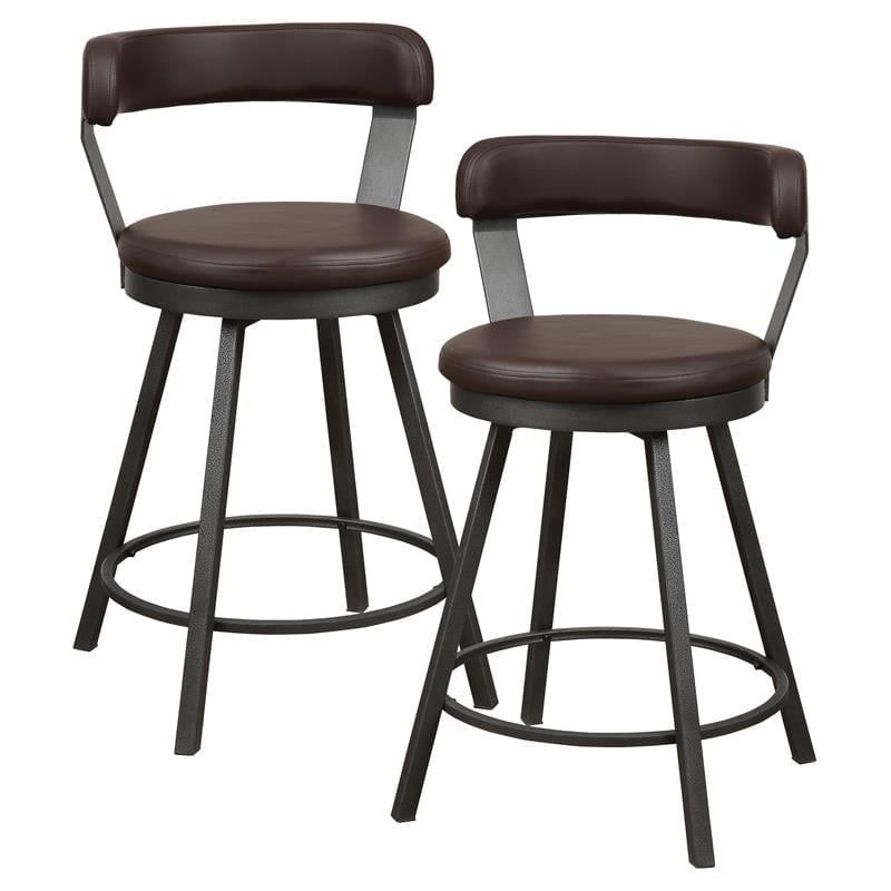 Industrial Brown Faux Leather Swivel Counter Stools with Metal Base, Set of 2