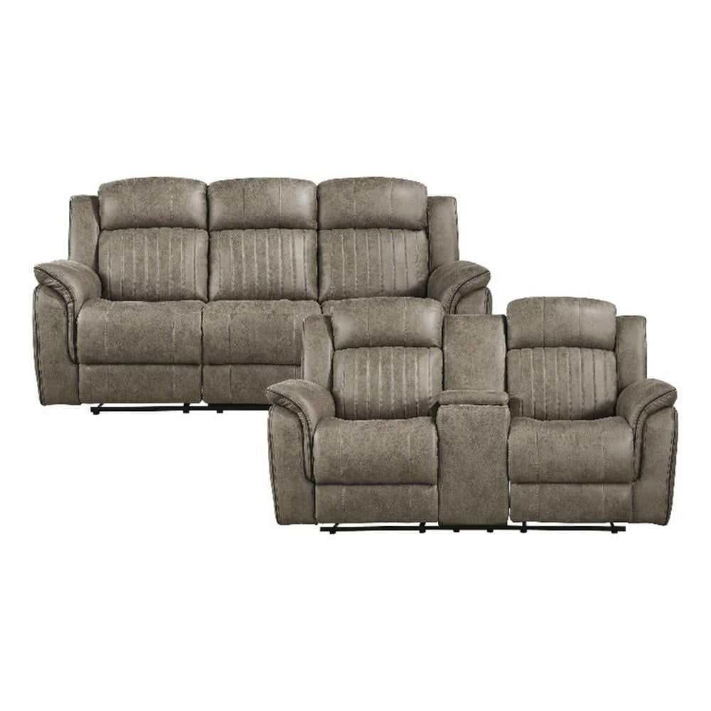 Sandy Brown Microfiber Tufted Reclining Sofa Set with Cup Holder