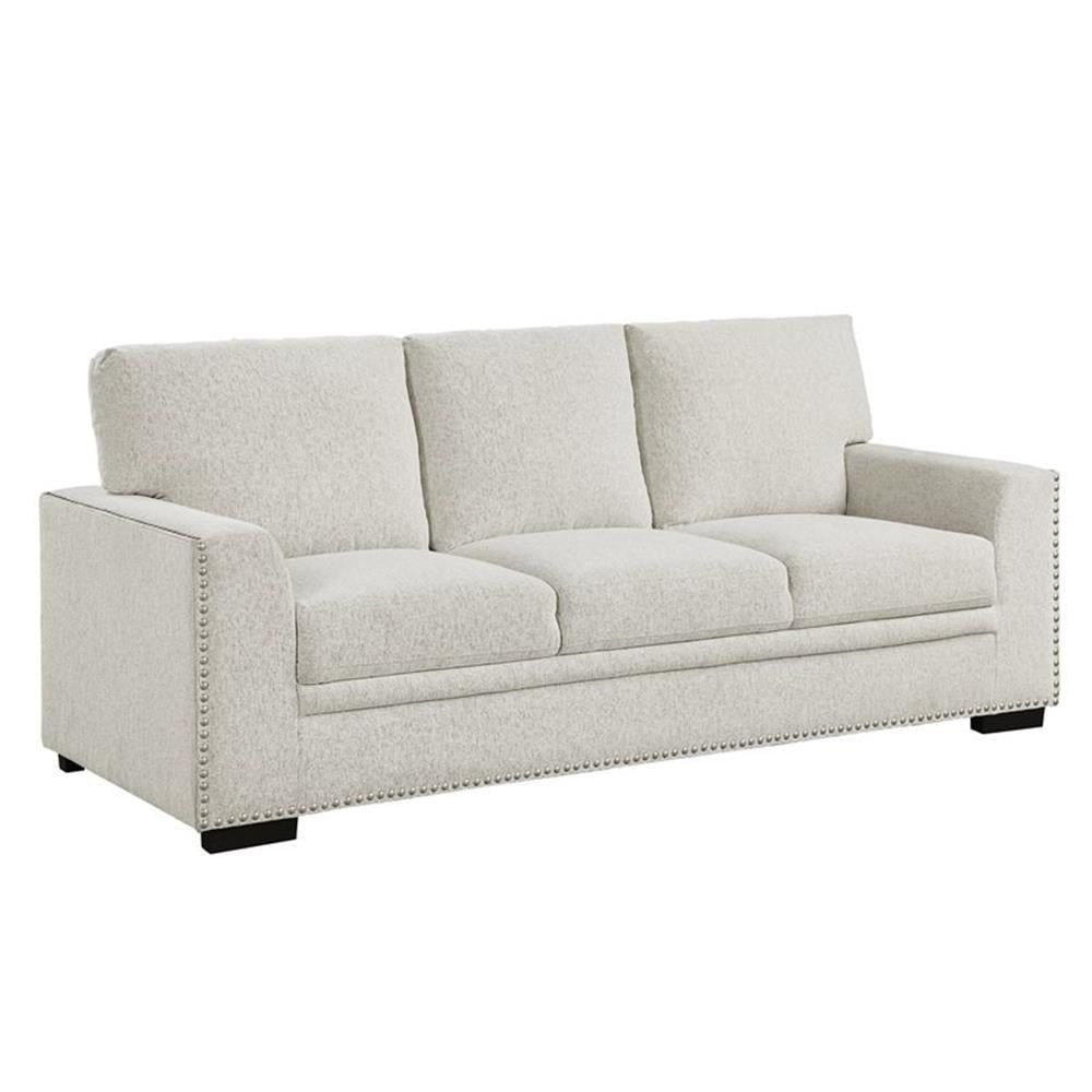 Beige Chenille Lawson Sofa with Nailhead Trim and Track Arms