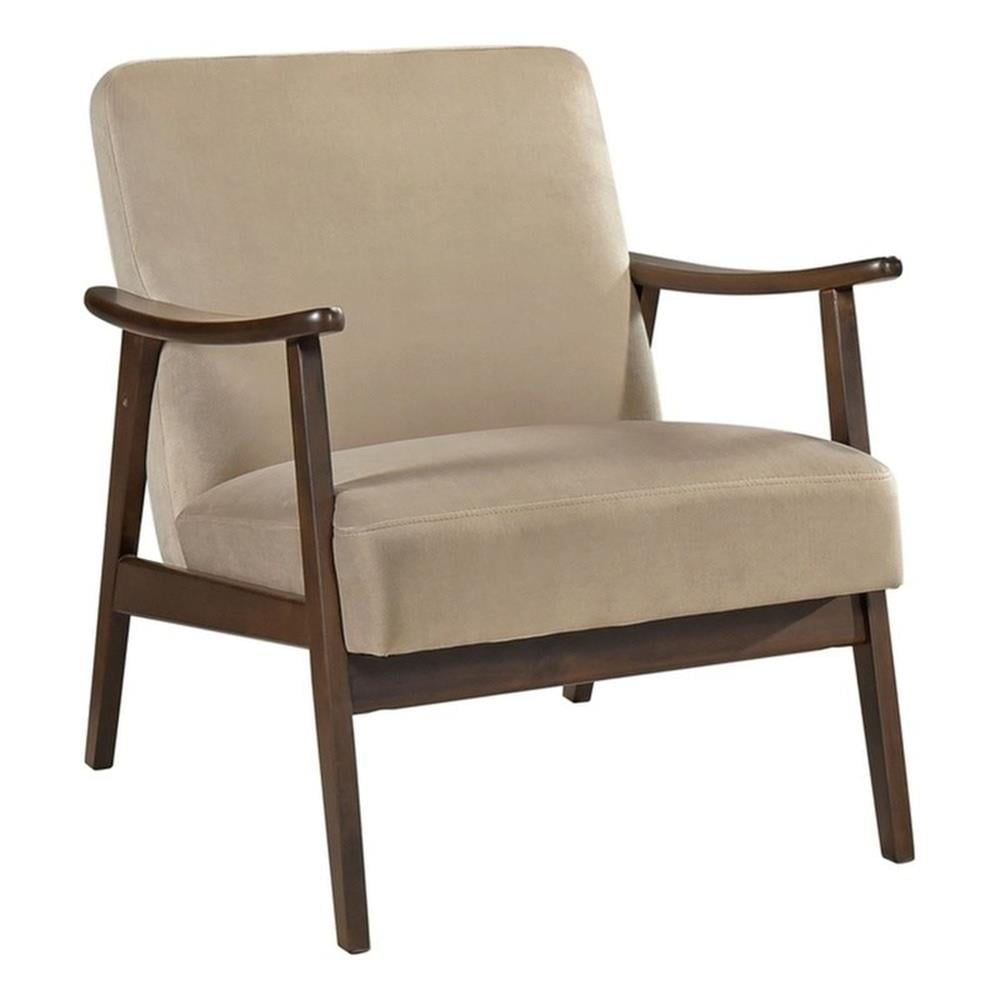 Light Brown Velvet and Wood Mid-Century Modern Accent Chair