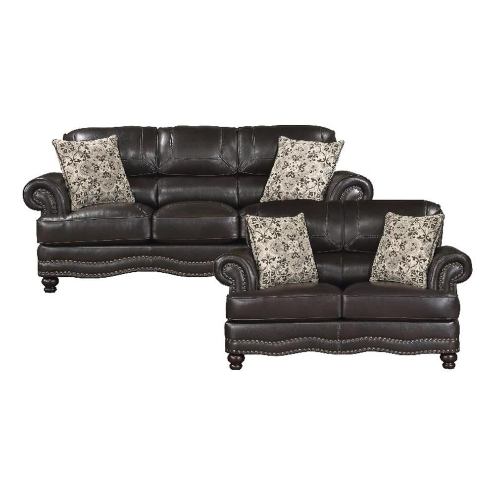 Milford Brown Faux Leather 2-Piece Sofa Set with Nailhead Trim