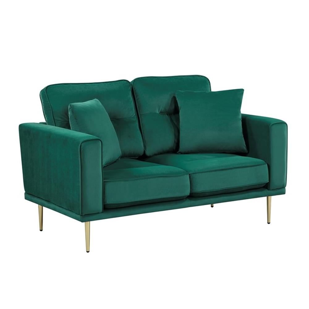 Green Velvet Loveseat with Gold Metal Legs and Track Arms