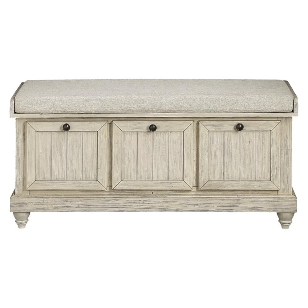 Distressed White Wood Storage Bench with Gray Cushion