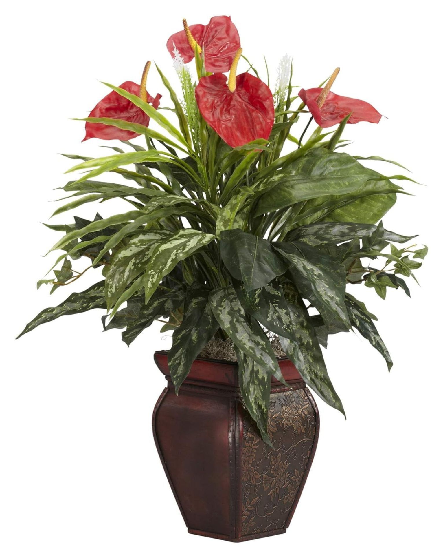 Mixed Greens and Red Anthurium Silk Plant with Decorative Vase