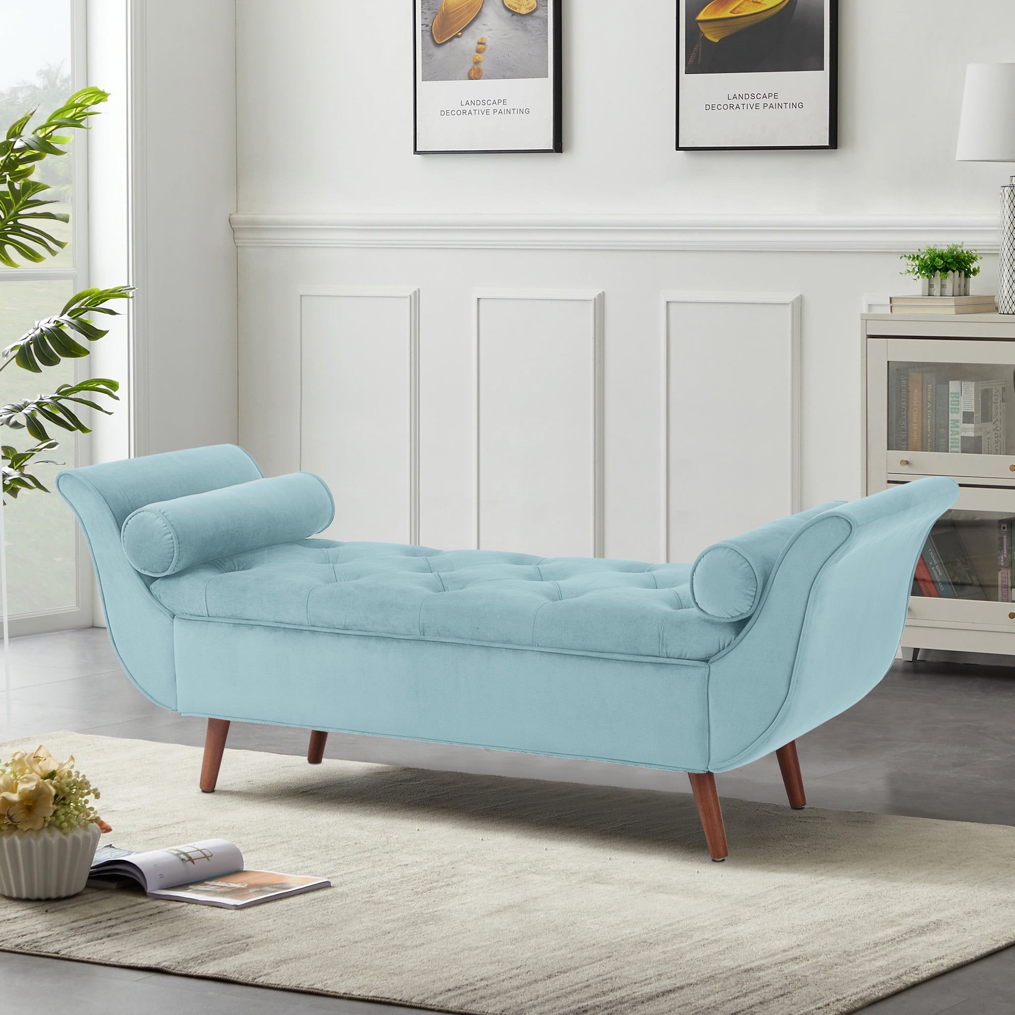 Blue Velvet Upholstered Storage Bench with Roll-Arm