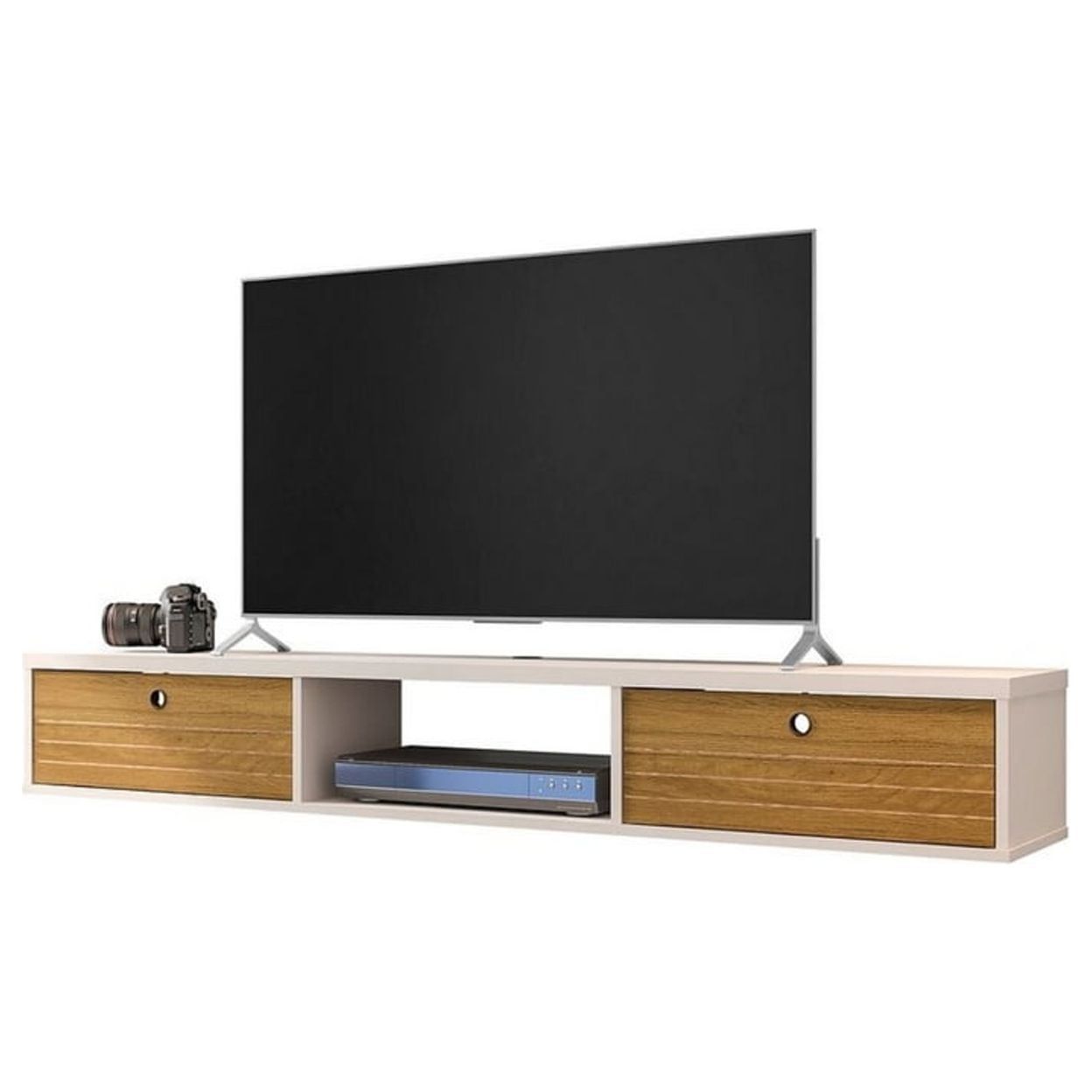 Off White and Cinnamon Floating Entertainment Center with Shelves