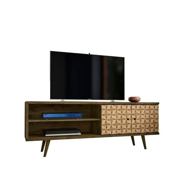 Mid-Century Rustic Brown TV Stand with 3D Printed Doors