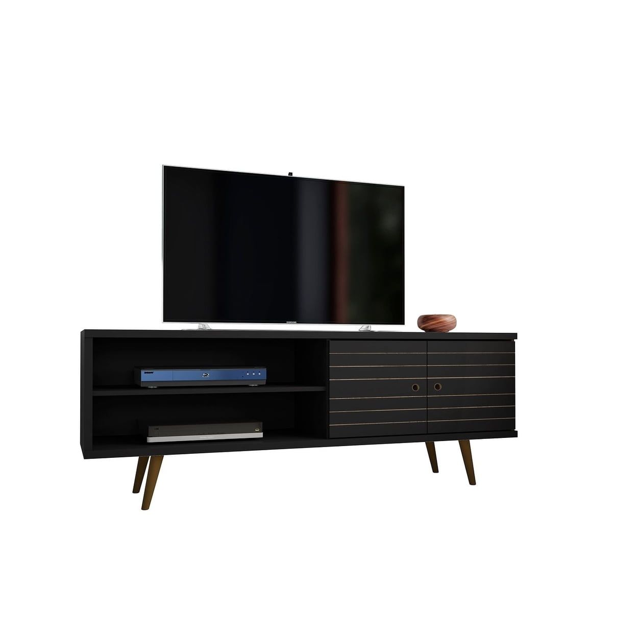 Liberty 63" Black Wood Mid-Century Modern TV Stand with Cabinet